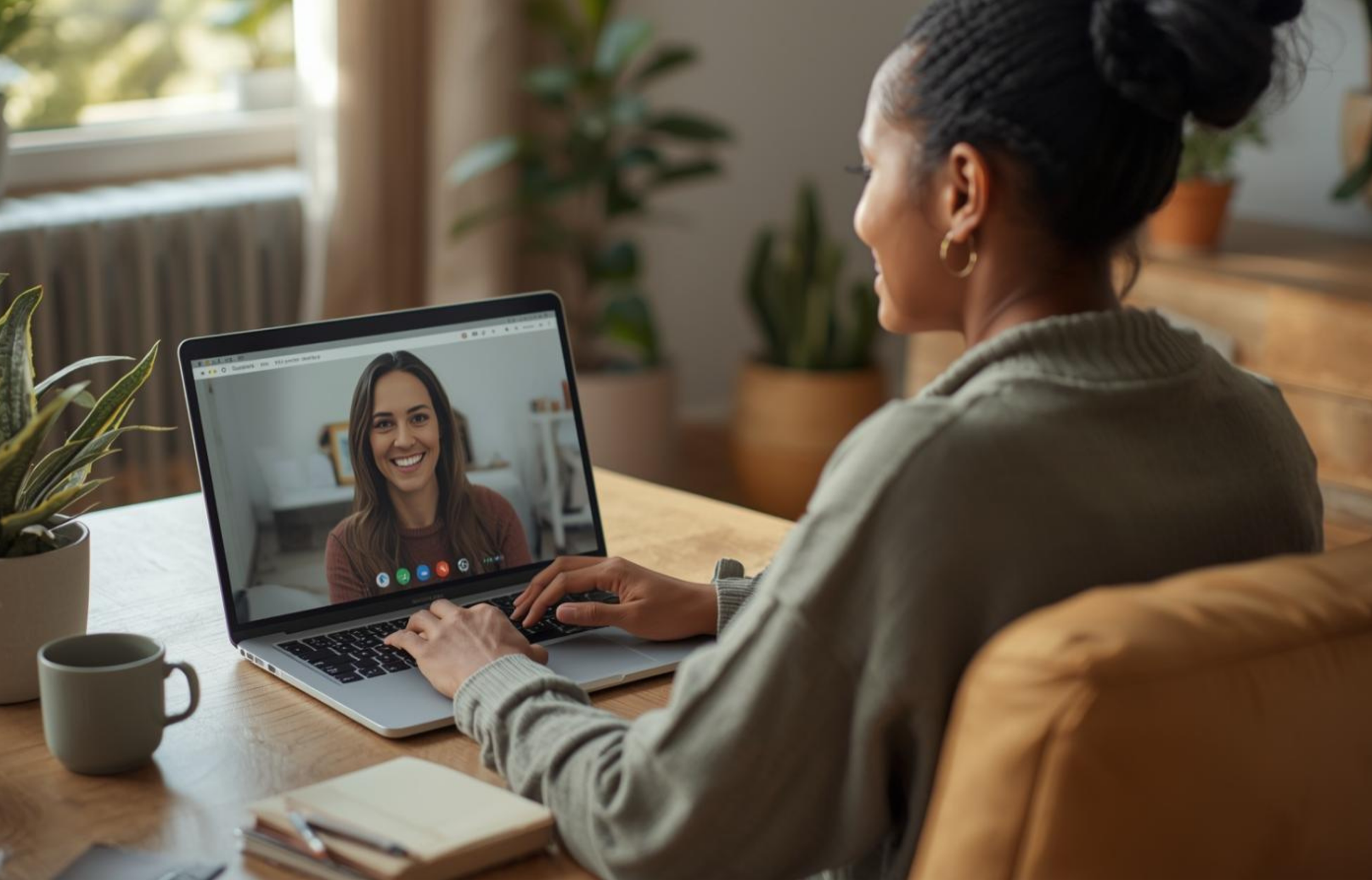 A black female ADHD therapist at Tangible Therapy is engaged in telehealth counseling with a woman with brown hair via a computer in naturally lit office..
