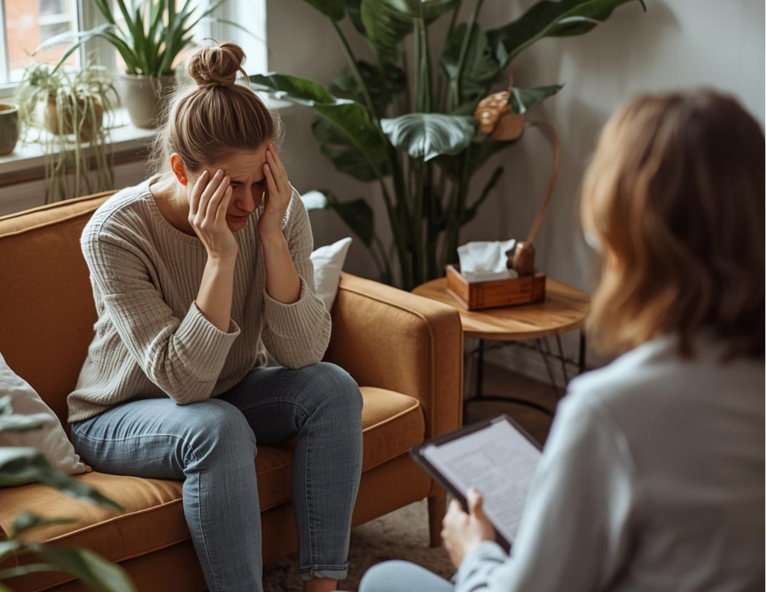 Woman in grief sits across from a therapist in a warmly lit therapy office while conducting grief counseling