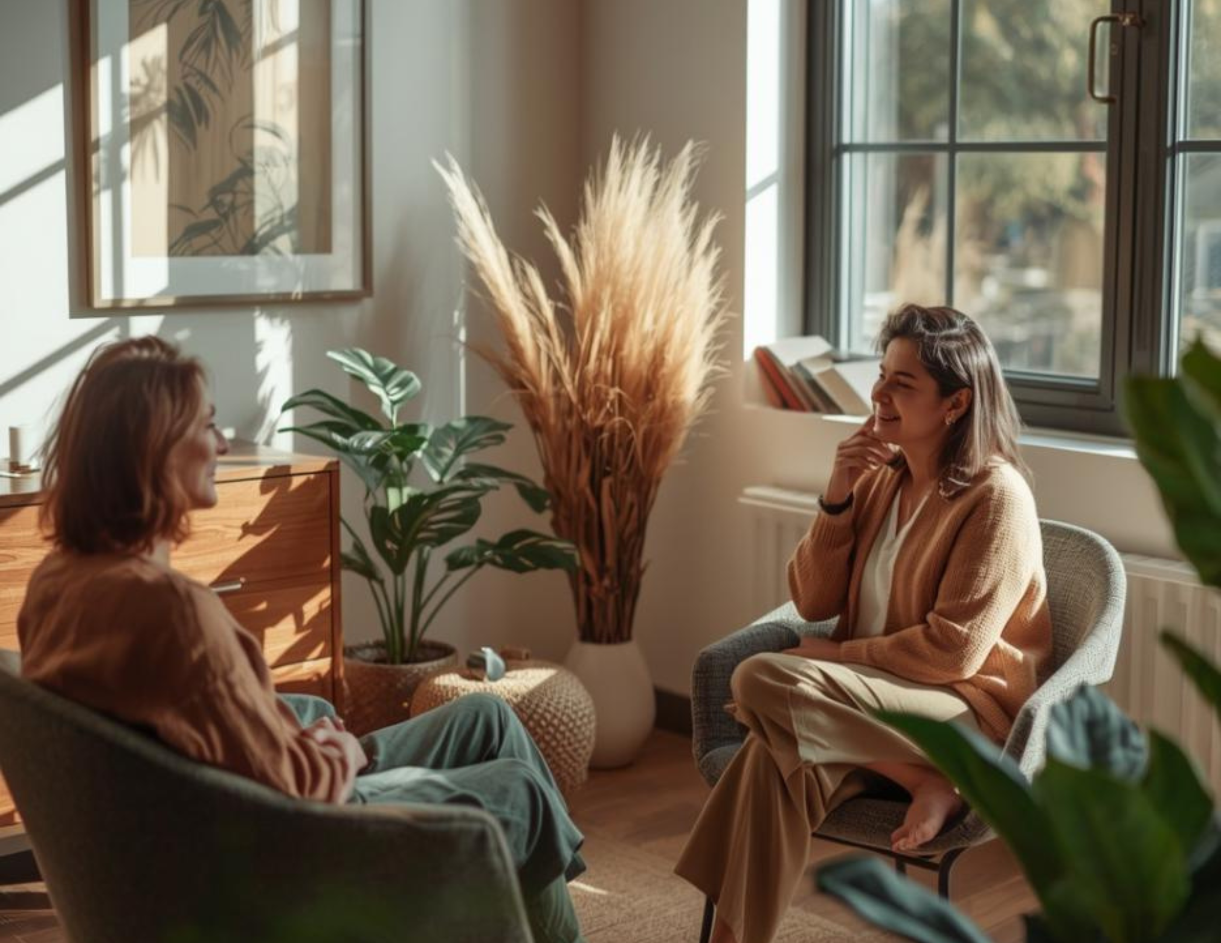 A female client sits across from a female therapist in a therapy office that is warmly lit while the therapist conducts EMDR therapy