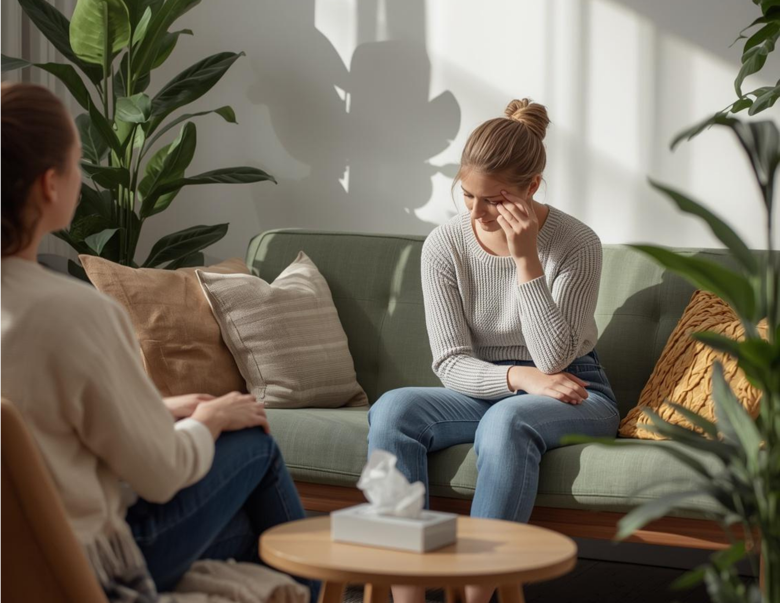 a female trauma therapist in a light shirt at Tangible Therapy in Provo, Utah. Smiling and sitting across from a woman while they do Therapy.