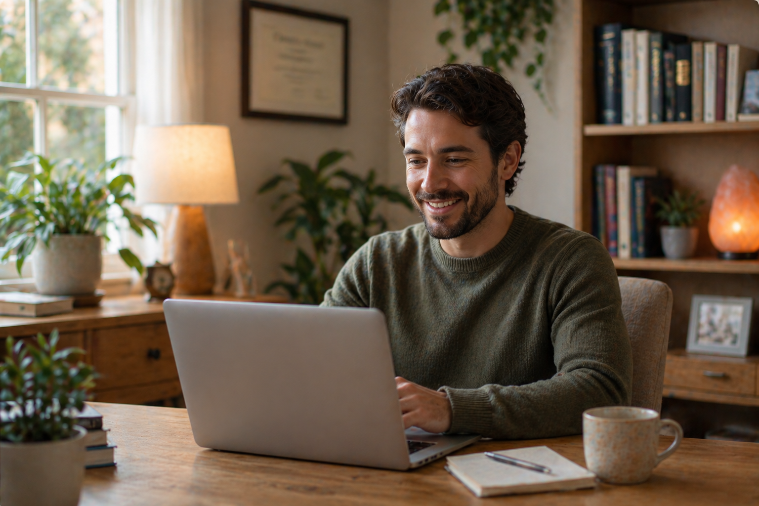 A man with a green shirt and dark hair sits in front of a computer in an office while doing telehealth therapy at Tangible in Orem, Provo and Sandy Utah. The room is warmly lit and decorated with plants