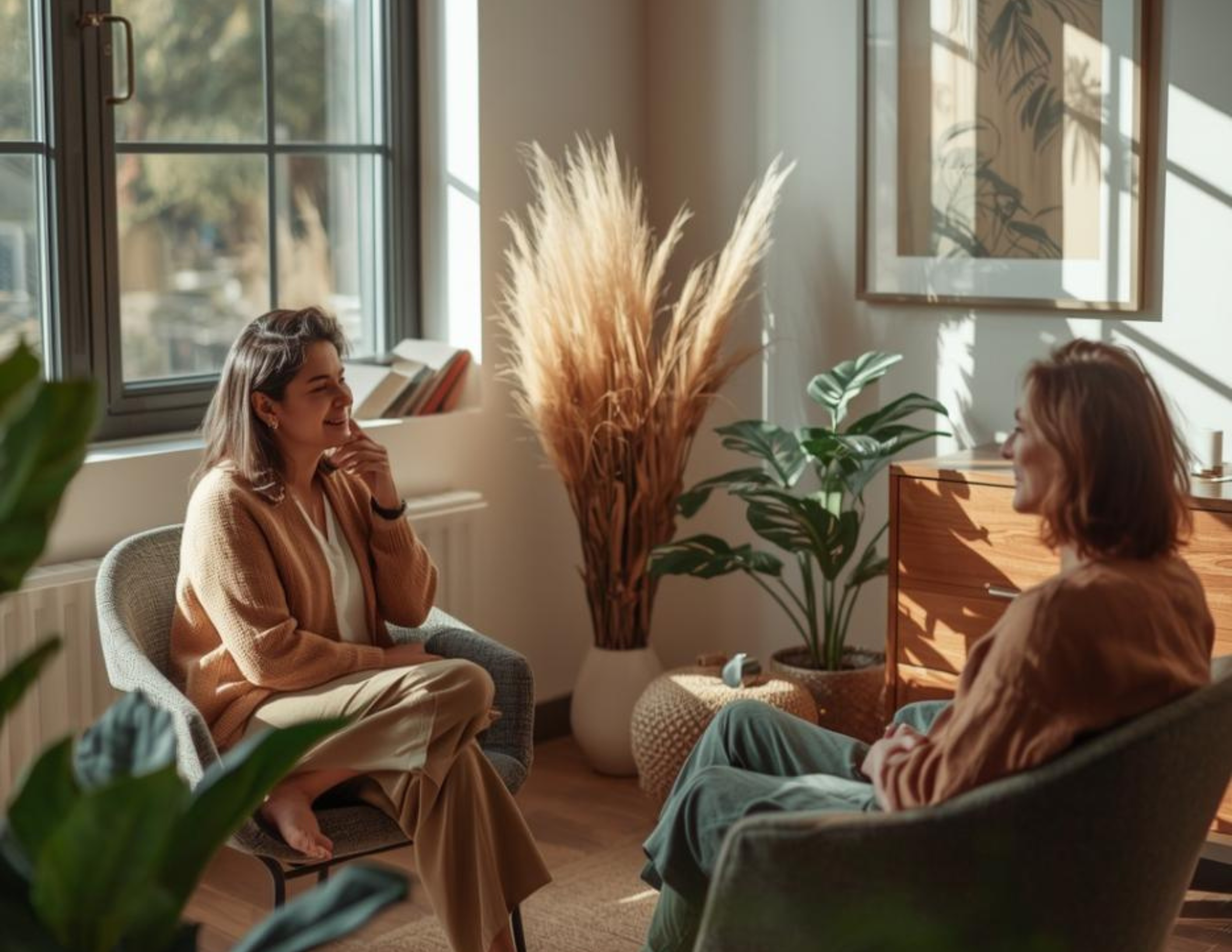 A female client sits across from an IFS therapist in a warmly lit therapy office at Tangible Therapy.