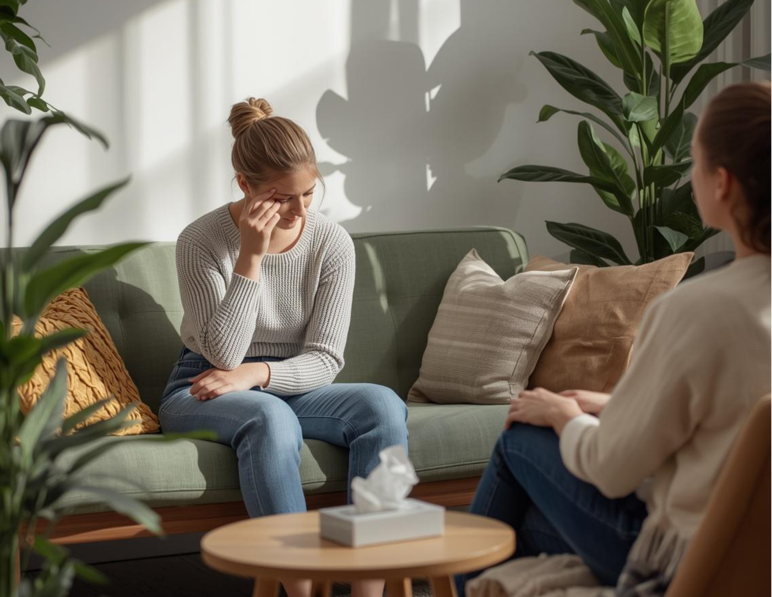A female client sits across from an IFS therapist in a warmly lit therapy office surrounded by plantsdoing IFS therapy at Tangible Therapy in Provo Utah