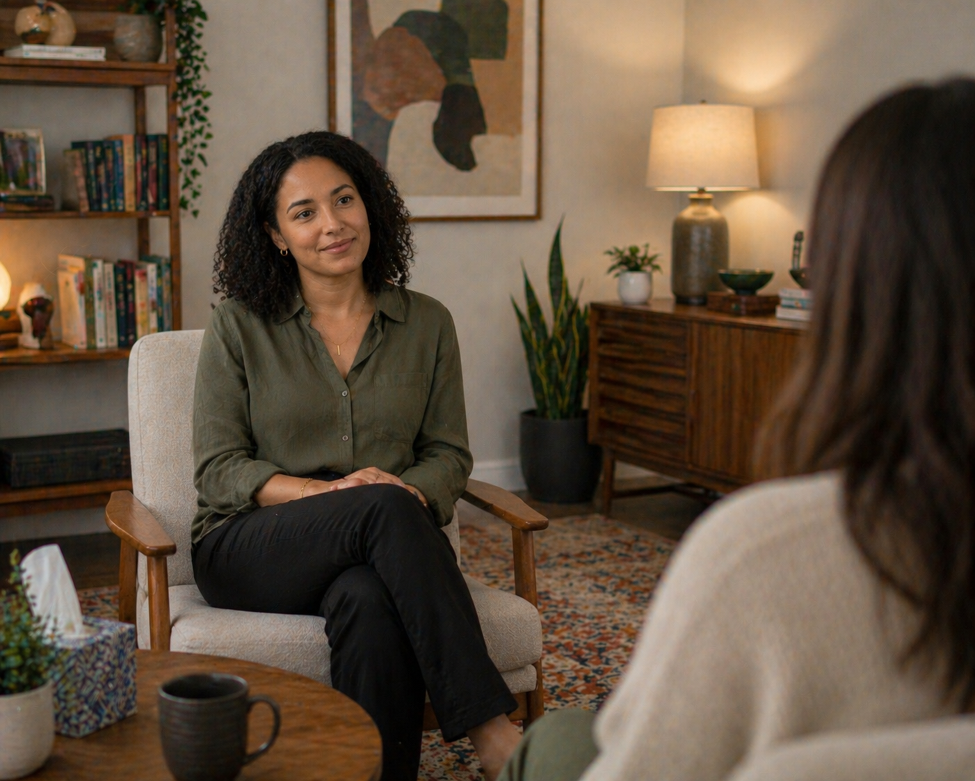 A black female therapist sits in a chair with wooden armrests sits in a warmly lit office in Tangible Therapy Orem conducting an EMDR Therapy Session