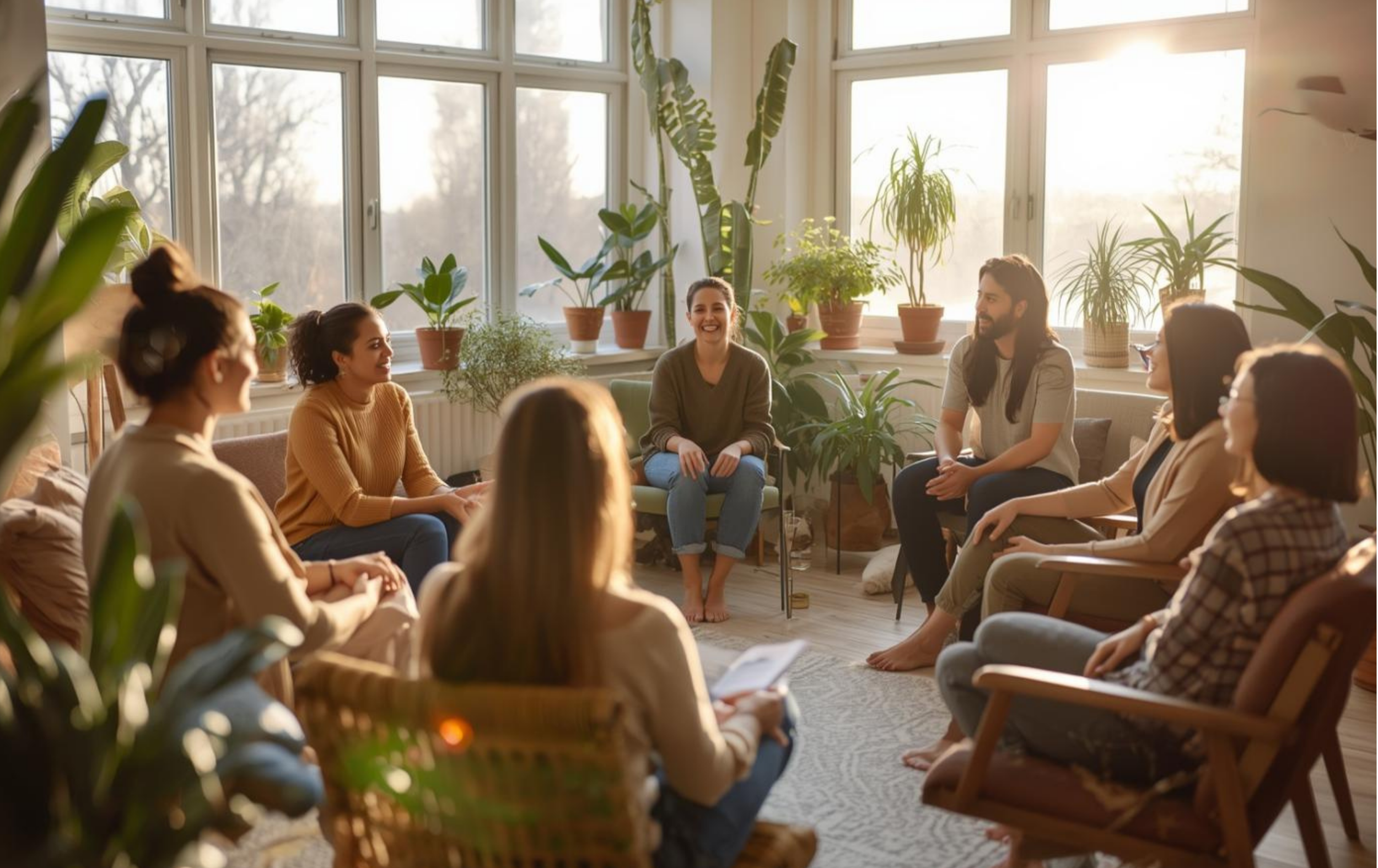 A group of young people sit in a circle for a group therapy session at Tangible Therapy in Orem Utah.