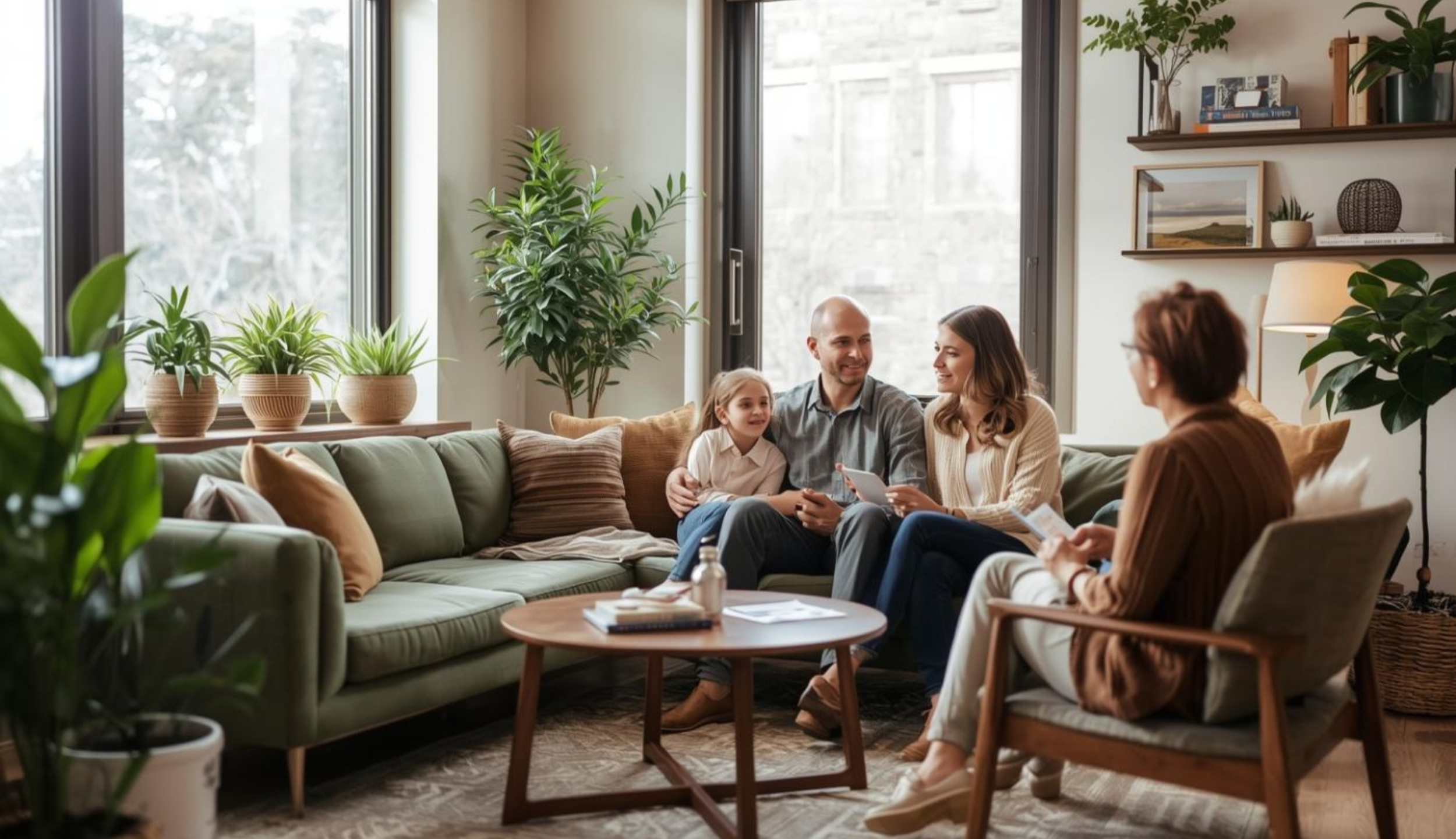 A family of 3 sits on a large green couch inside a therapy office while a therapist conducts family therapy at Tangible Therapy