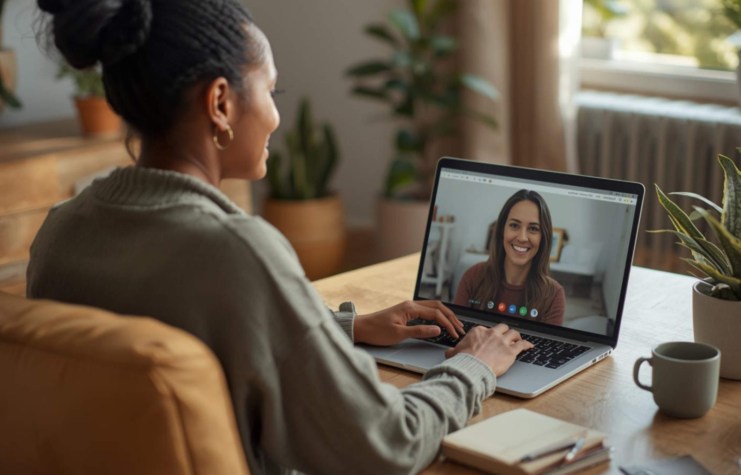 A female IFS therapist sits in front of a screen depicting a woman with brown hair, delivering telehealth therapy.