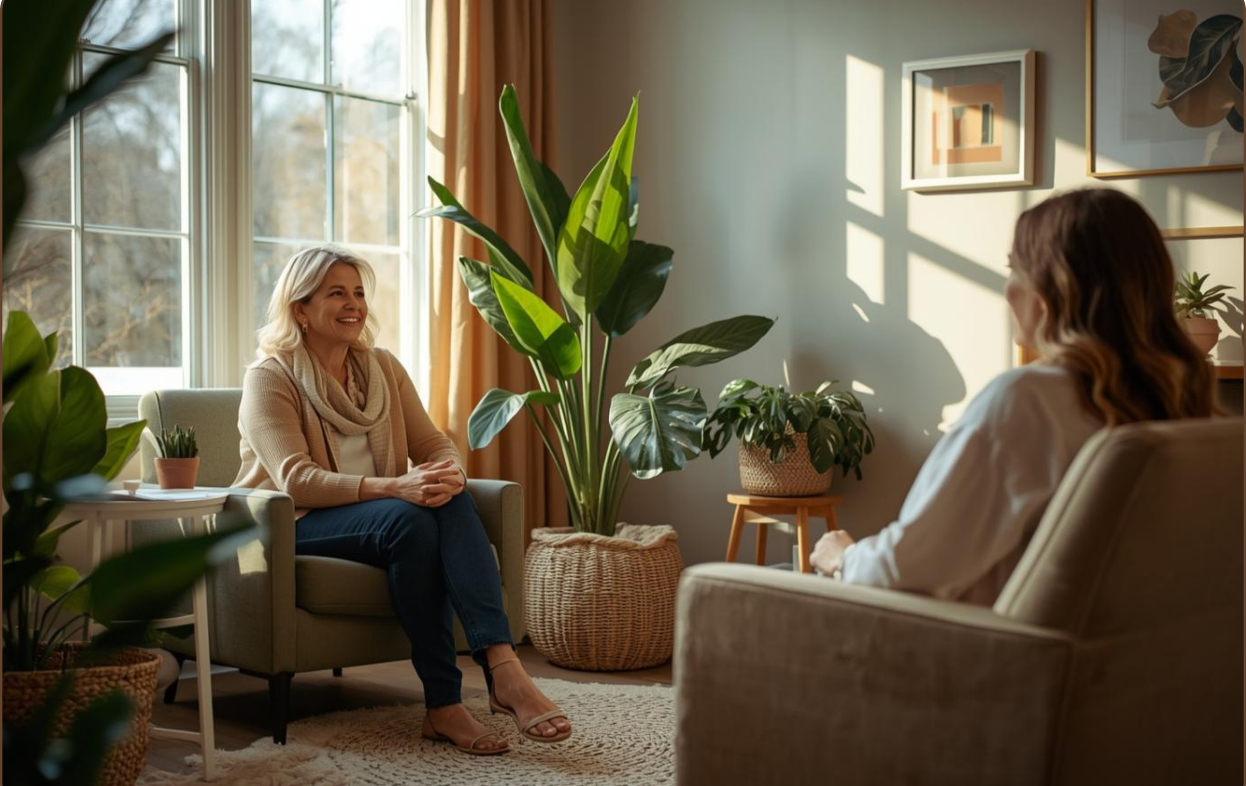 Female therapist engaging in Individual counseling with a woman at Tangible Therapy in Utah. Inside a cozy office with warm tones and plants