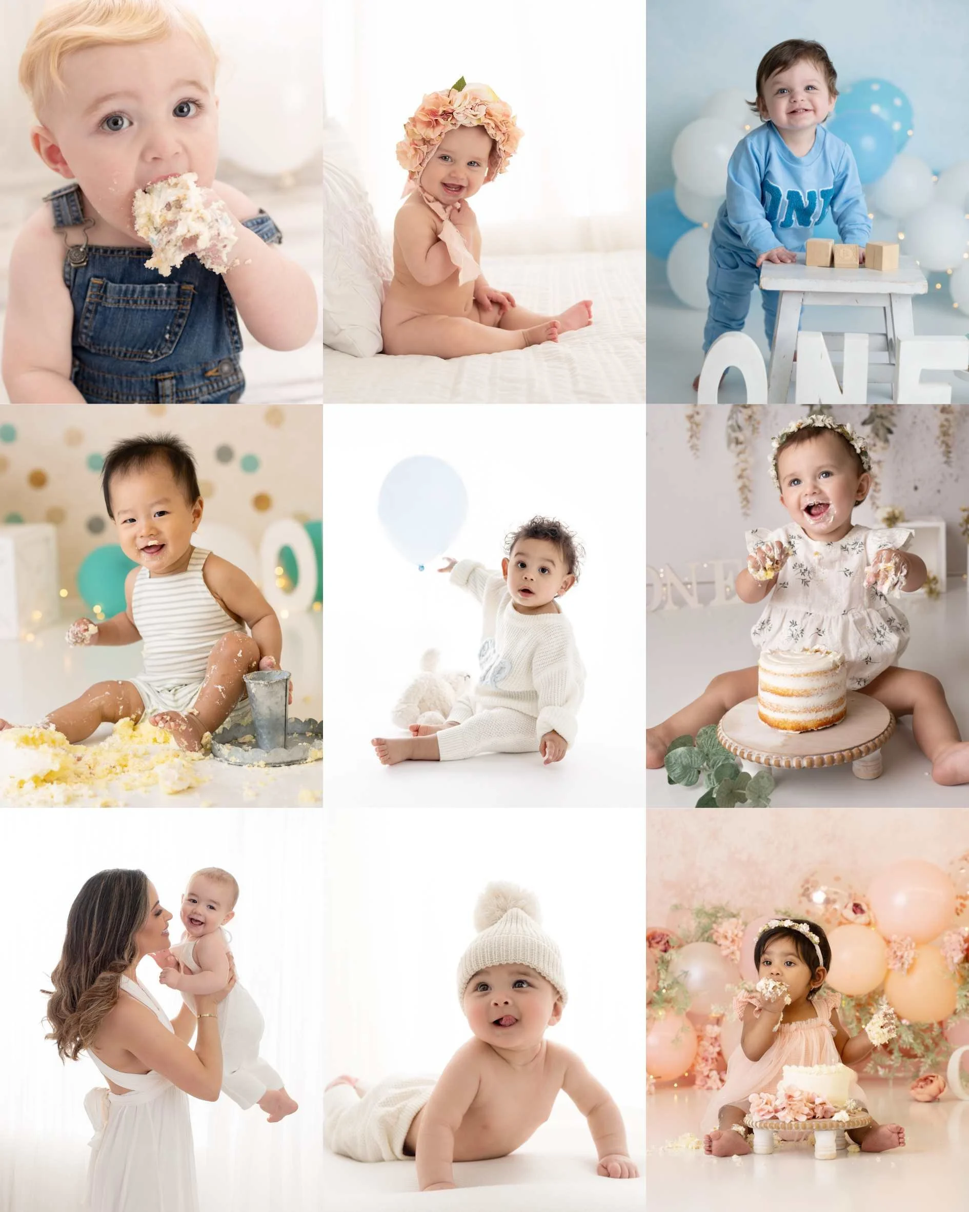 Collage of nine babies celebrating birthdays with cake, balloons, and joyful expressions.