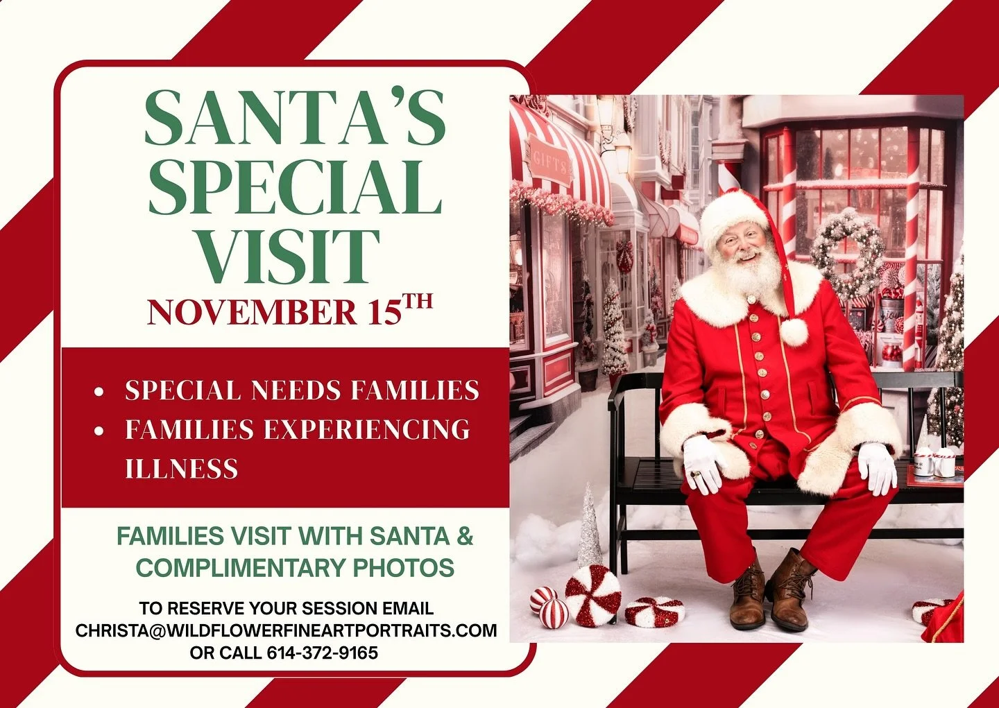 We&rsquo;re excited to host complimentary Santa sessions for children with special needs or medical challenges November 15th. Sessions are complimentary and include photos. Please message me for details and to sign up!