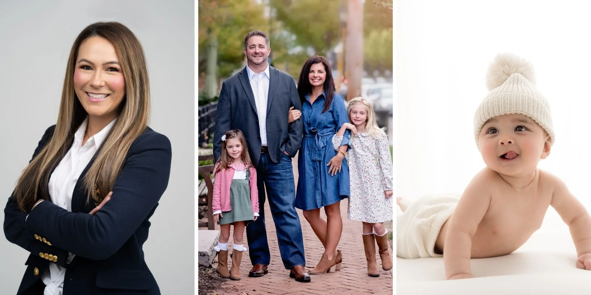 Collage of three photos: a professional woman in a blazer with arms crossed, a family of four walking outdoors, and a baby wearing a knit hat showcasing portraits by columbus ohio photography studio
