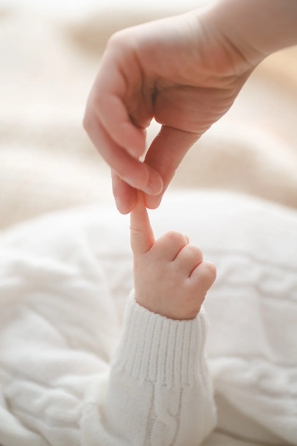 An adult's hand gently touching a baby's finger in portrait taken by Columbus ohio newborn photography studio