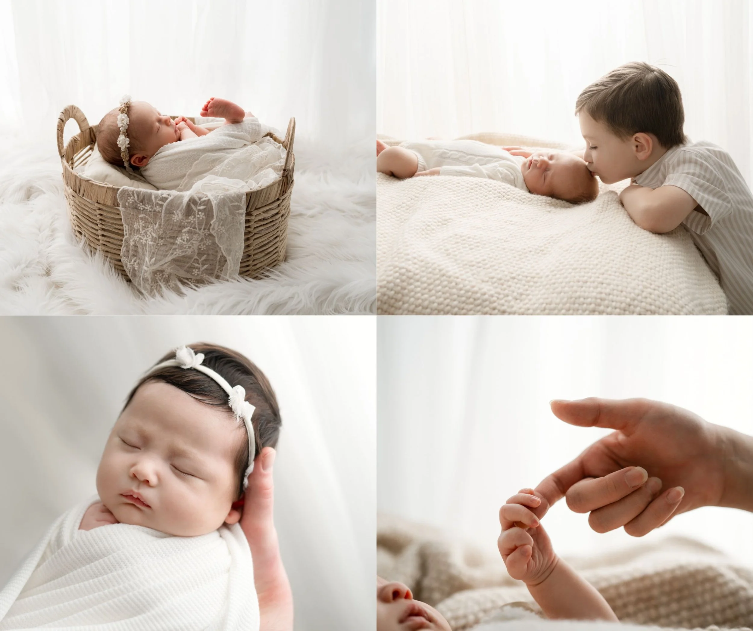 A collage of four images: a sleeping baby girl in a wicker basket with lace fabric, a young boy kissing a sleeping baby girl, a close-up of a baby girl with a headband, and a parent's hand holding a baby's finger in Columbus ohio newborn photos