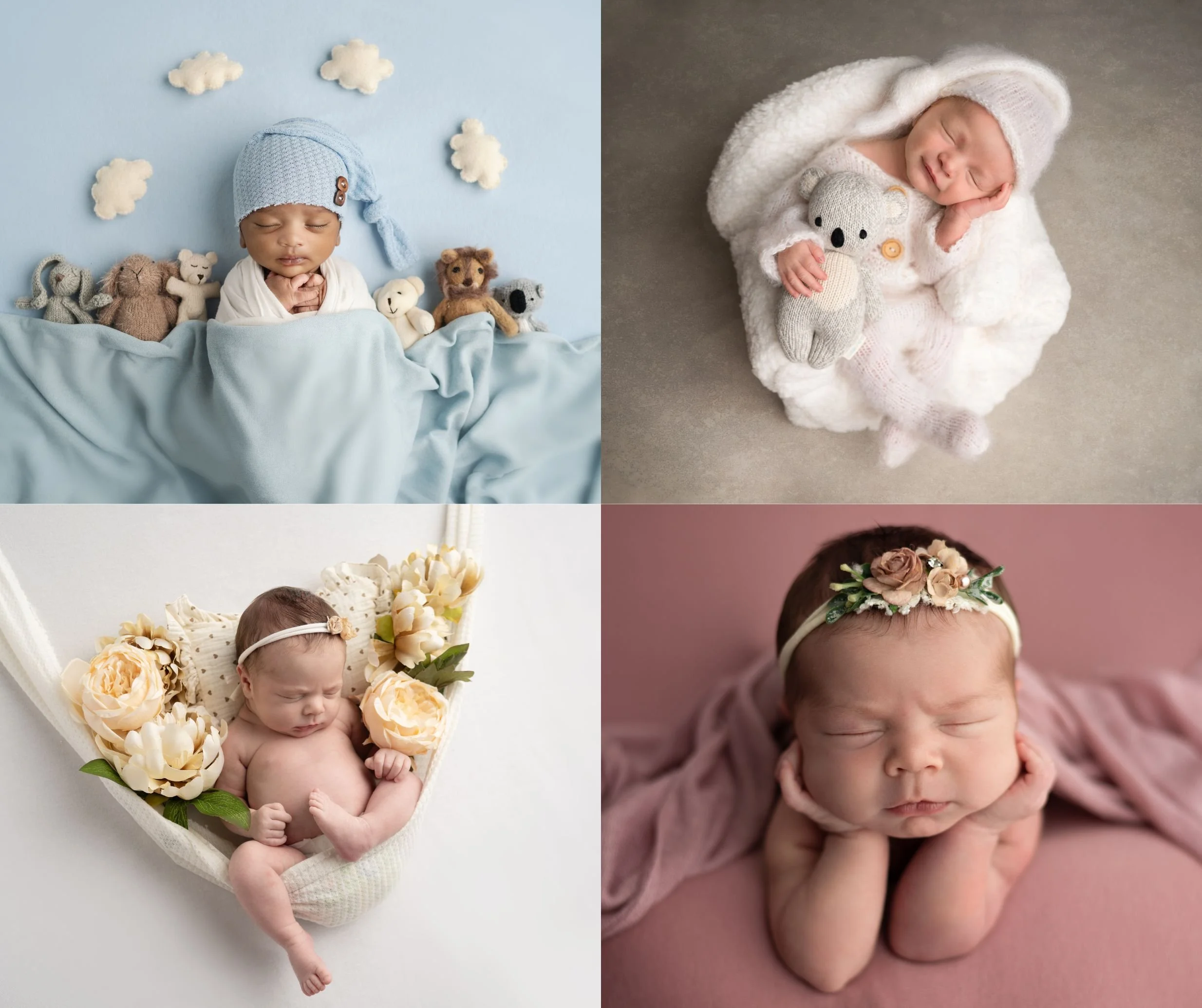 Four adorable sleeping babies, each with unique accessories and surroundings showcasing columbus ohio newborn photography studio portfolio