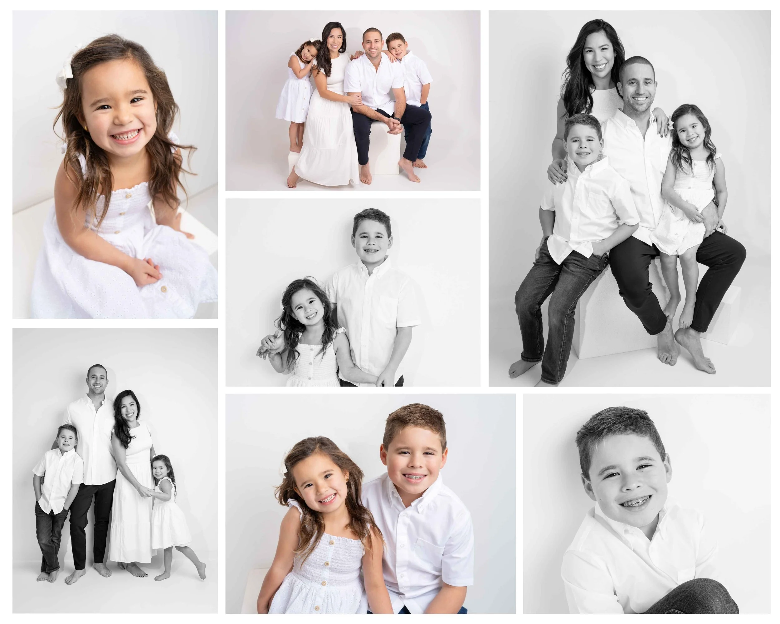 Collage of family photos with parents and children, mostly in white clothes, featuring smiling faces, in studio setting with white backgrounds.