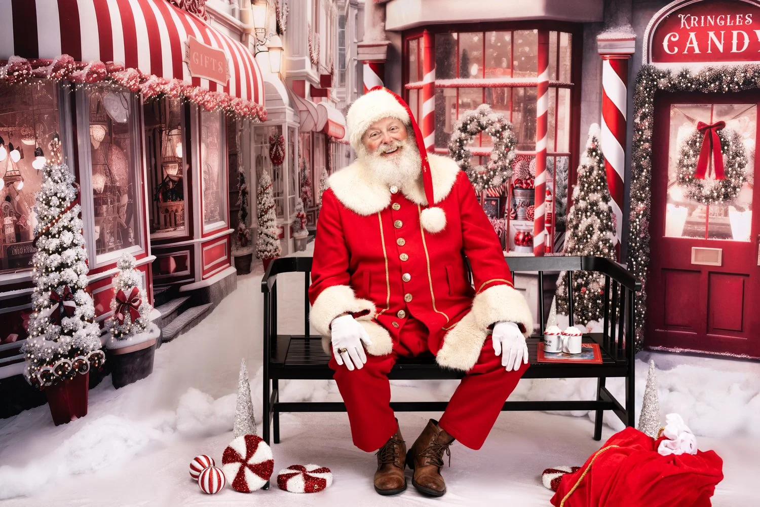 A man dressed as Santa Claus sitting on a black bench in a festive indoor scene with snow and Christmas decorations.