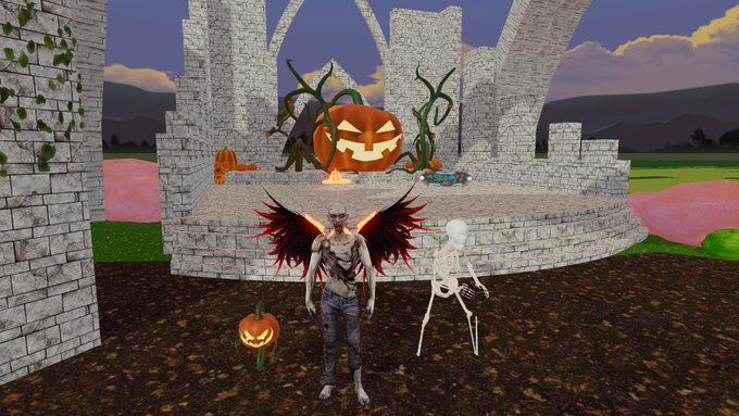 A player stands in front of the Jack-O-Lantern Halloween NPC with a Pumpkin Pet