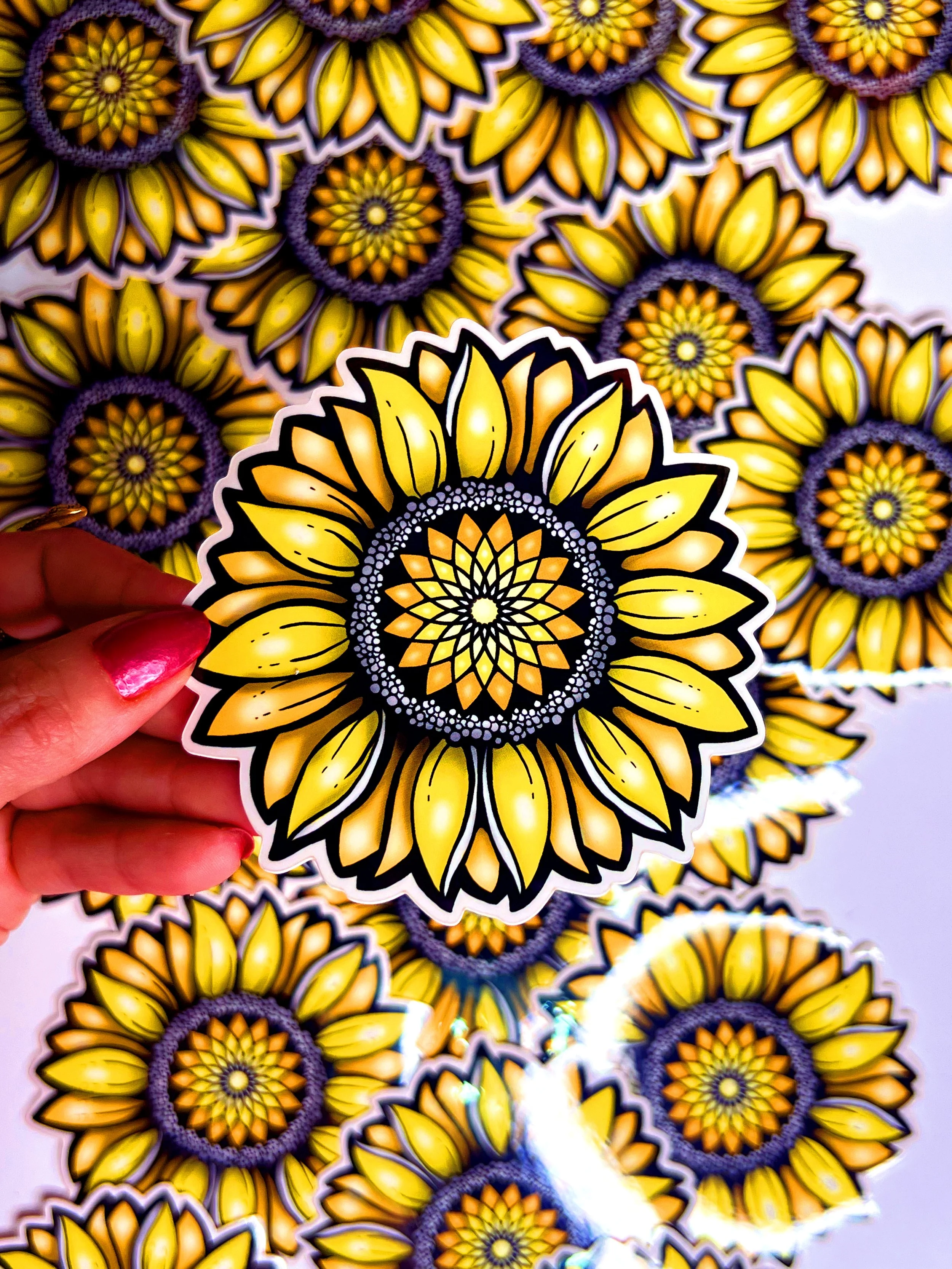 Sunflower mandala sticker with Flower of Life on waterproof vinyl. Great for laptops, cars, water bottles, planners, or notebooks. Boho, spiritual, meditation-inspired gift.