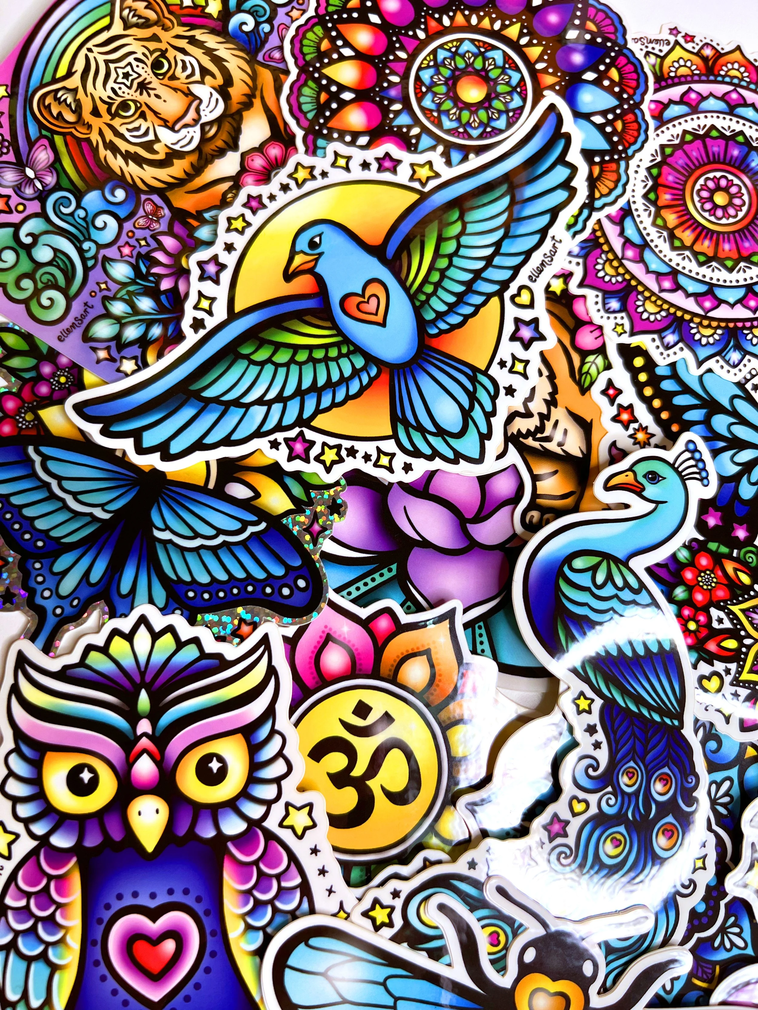 Mystery sticker pack of 10 waterproof vinyl stickers with mandalas, animals, and spiritual designs. Ideal for laptops, cars, water bottles, notebooks, or planners. Fun, colorful gift.