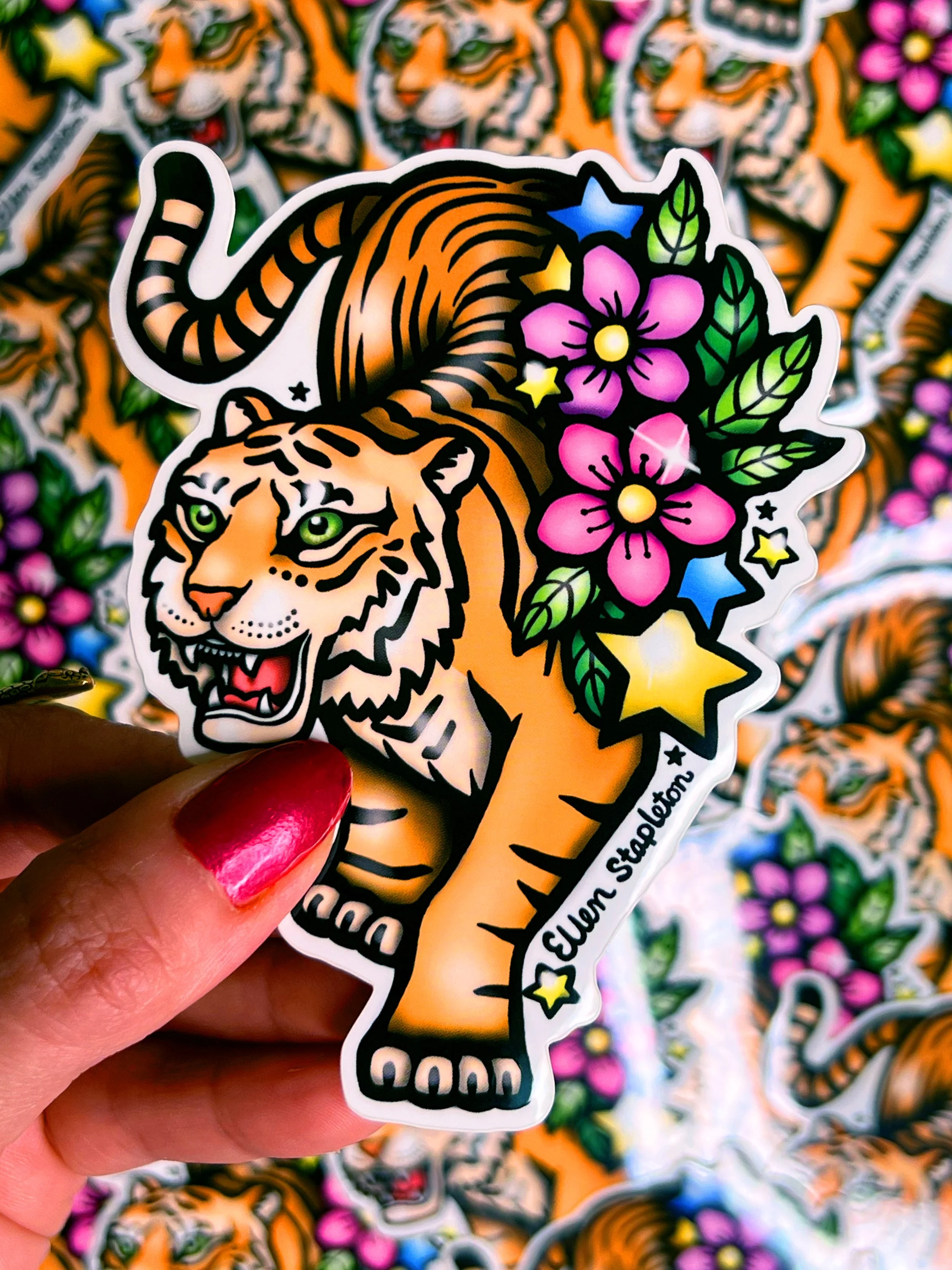 Tiger mandala sticker on waterproof vinyl. Perfect for laptops, cars, water bottles, planners, or notebooks. Boho, neo-traditional tattoo style, spiritual meditation gift.