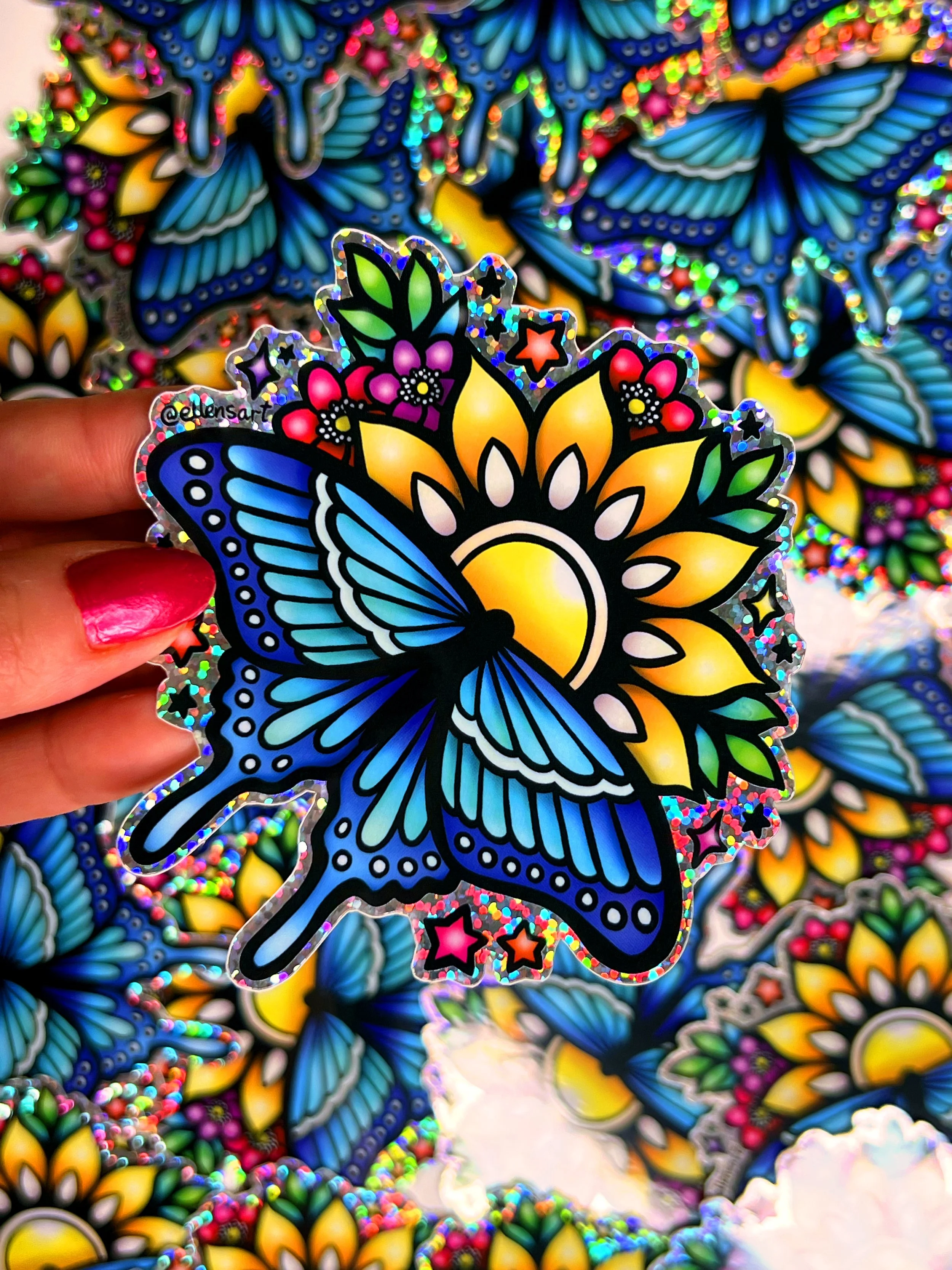 Holographic glitter butterfly flower mandala sticker on waterproof vinyl. Great for laptops, cars, water bottles, planners, or notebooks. Boho, yoga, spiritual gift.