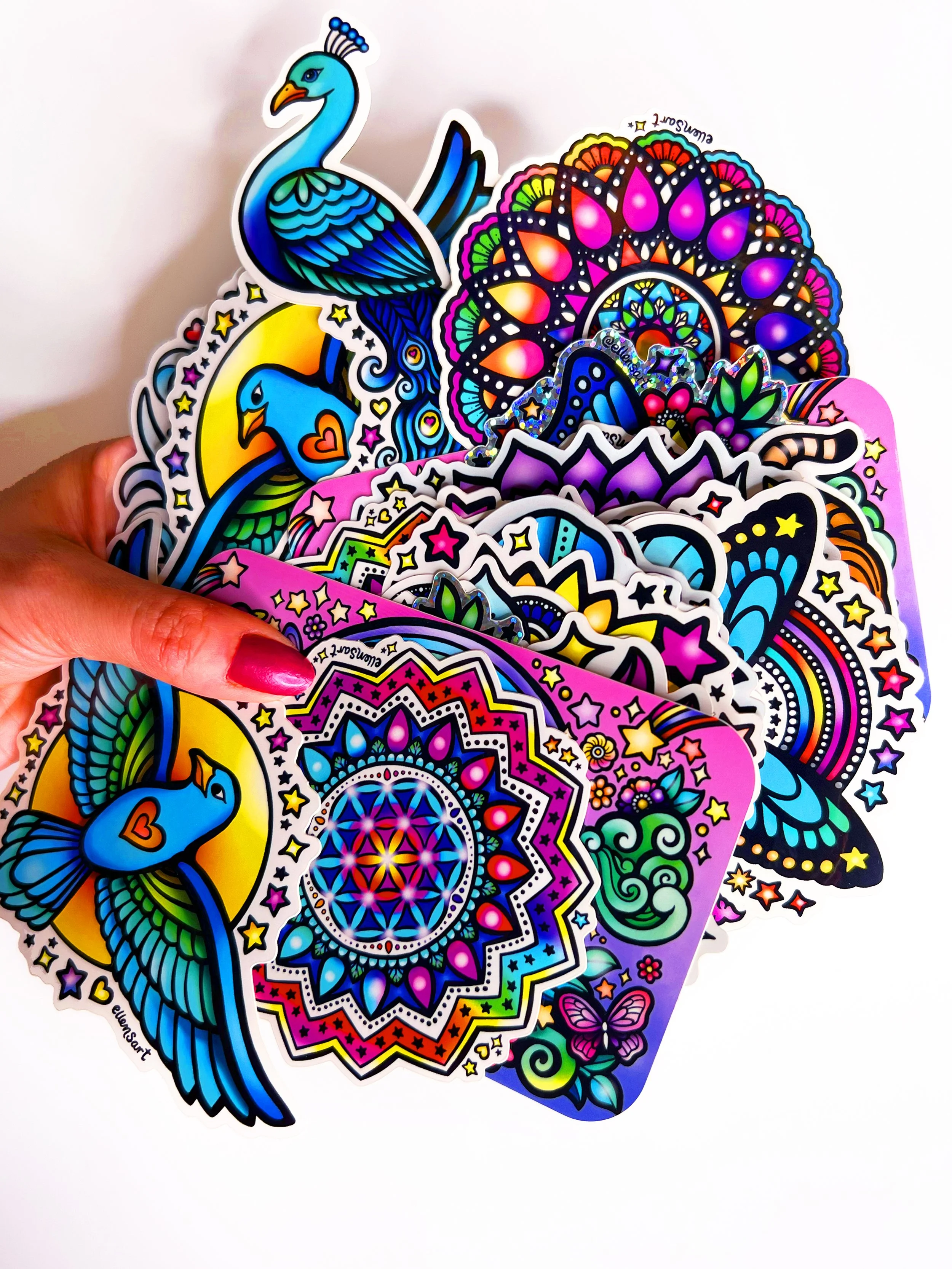 Mystery sticker pack of 10 waterproof vinyl stickers with mandalas, animals, and spiritual designs. Ideal for laptops, cars, water bottles, notebooks, or planners. Fun, colorful gift.