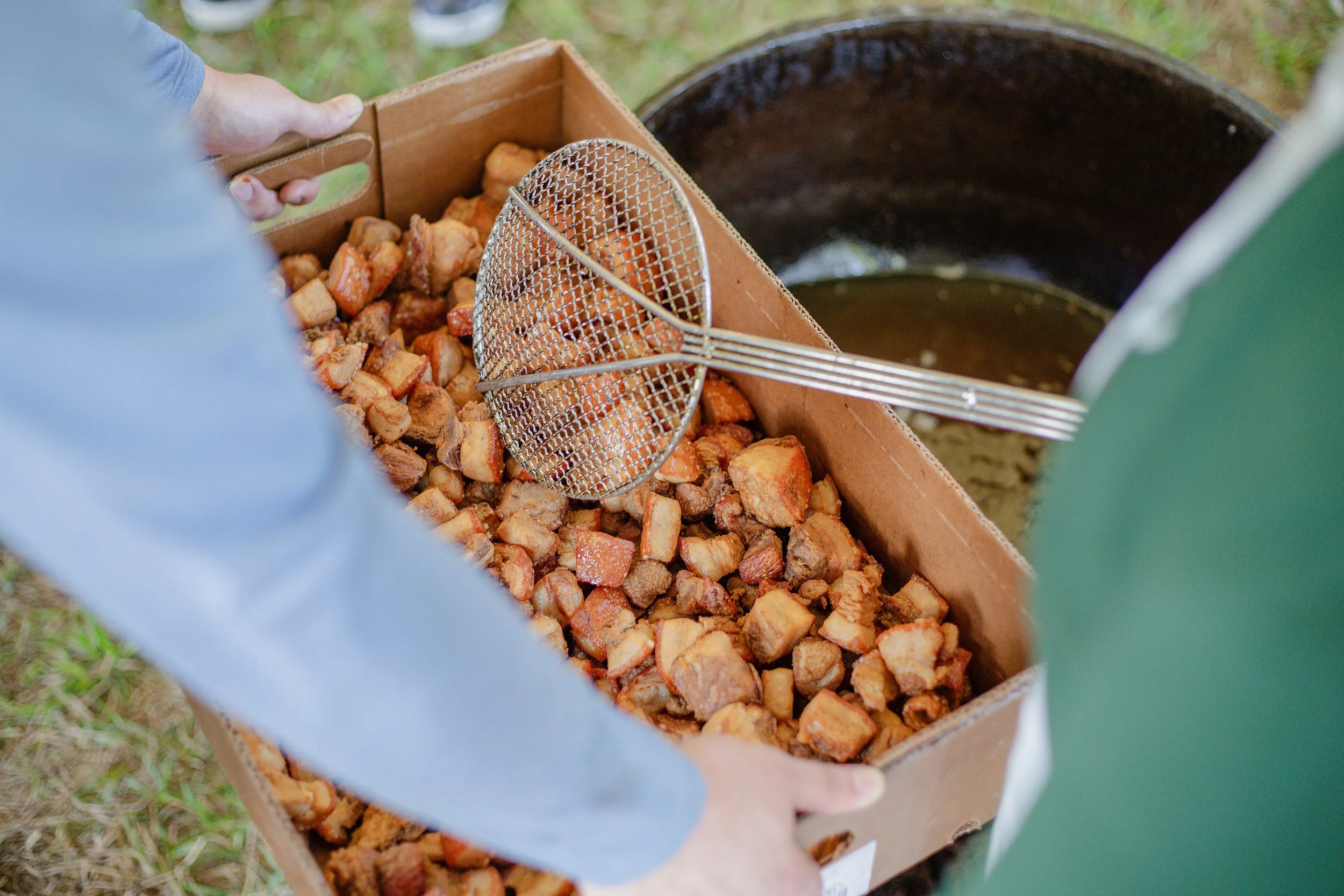 Person scooping cooked pork belly chunks from a cardboard tray into a large pot using a metal mesh strainer during outdoor cooking.