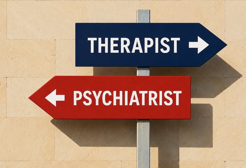 image with two arrows that each say Therapist and Psychiatrist
