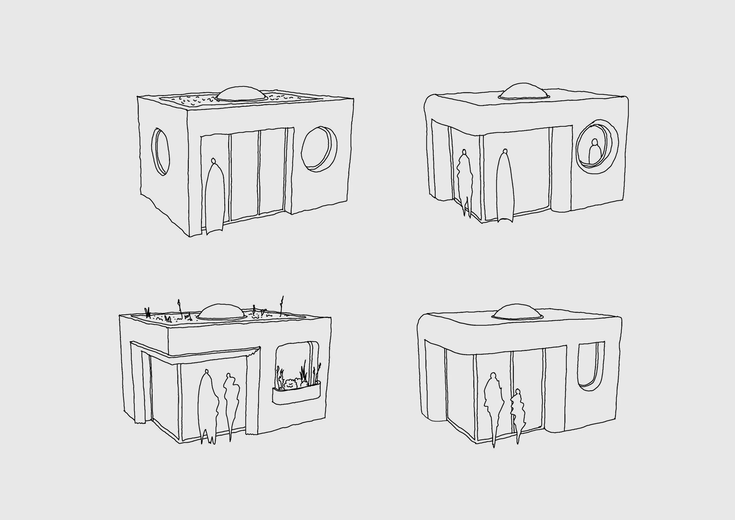 Four sketches of a building with a rectangular shape, a flat roof, and circular window on the sides. The top left sketch shows a simple outline of the building with clear entrance doors. The top right sketch adds shading to the building's edges and roof. The bottom left sketch depicts a more detailed view with a rooftop garden and plants by the entrance. The bottom right sketch is similar to the top left but with slight variations in lines and shading.