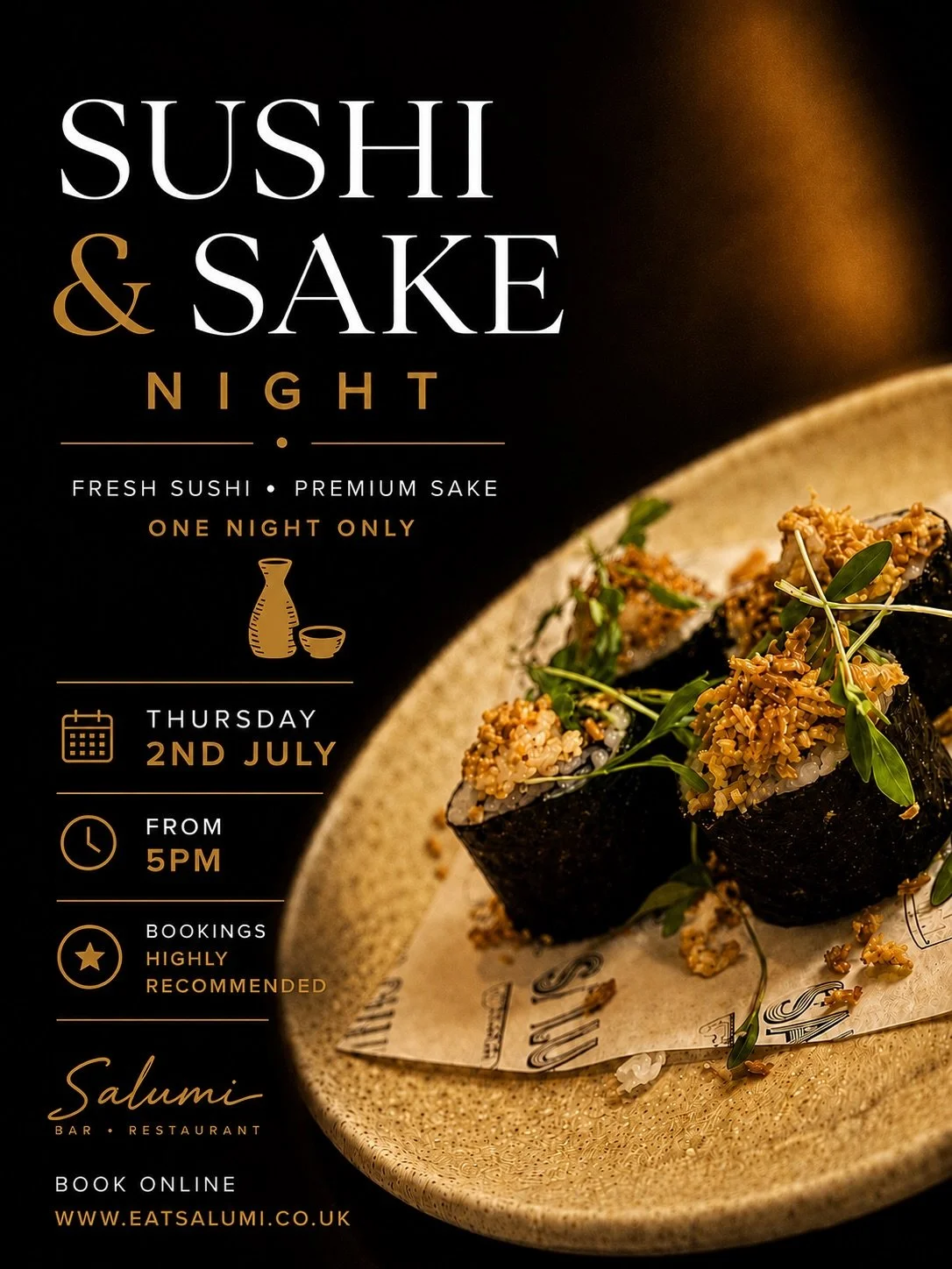🍣🍶 BACK BY POPULAR DEMAND 🍶🍣

After the success of our first ever Sushi &amp; Sake Night, we&rsquo;re bringing it back!

Join us on Thursday 2nd July from 5pm for an evening of fresh sushi, premium sake, and one-night-only specials ✨

Our sushi w