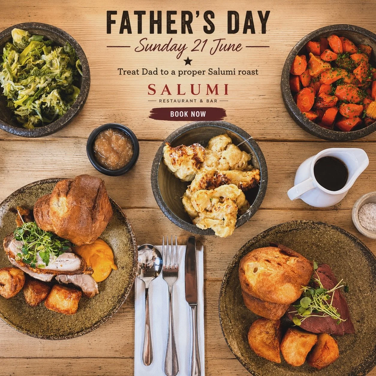 Father&rsquo;s Day &bull; Sunday 21 June

Treat Dad to a proper Salumi roast with proper Yorkshire puddings, crispy roast potatoes, seasonal vegetables and delicious gravy.

Tables are already booking up, so reserve yours early.

📞 01752267538
🌐 ww