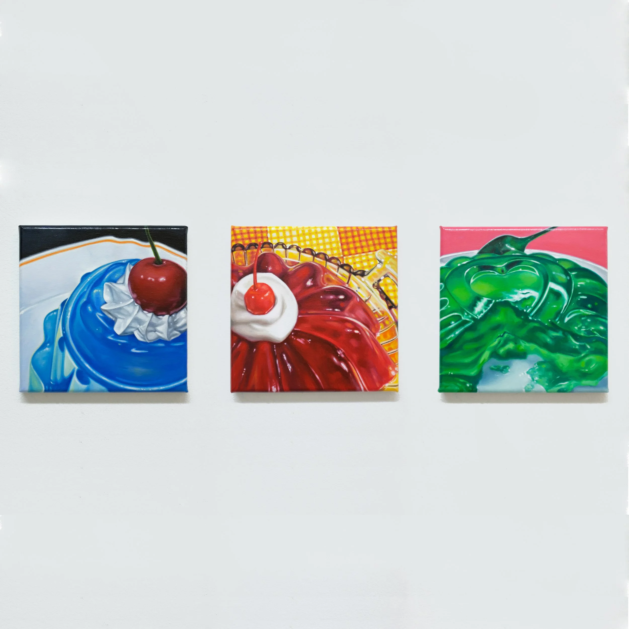 Blue Jelly (S), Red Jelly (S), Green Jelly | 15 x 15 cm each | oil on canvas | 2025 
