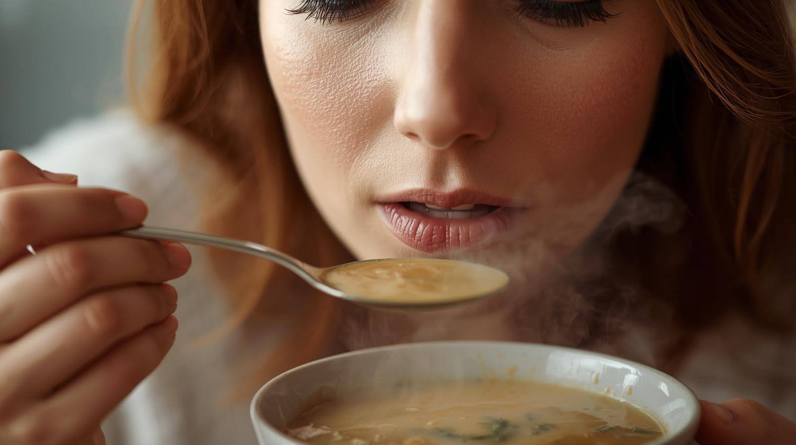 A woman enjoying a PCOS friendly soup