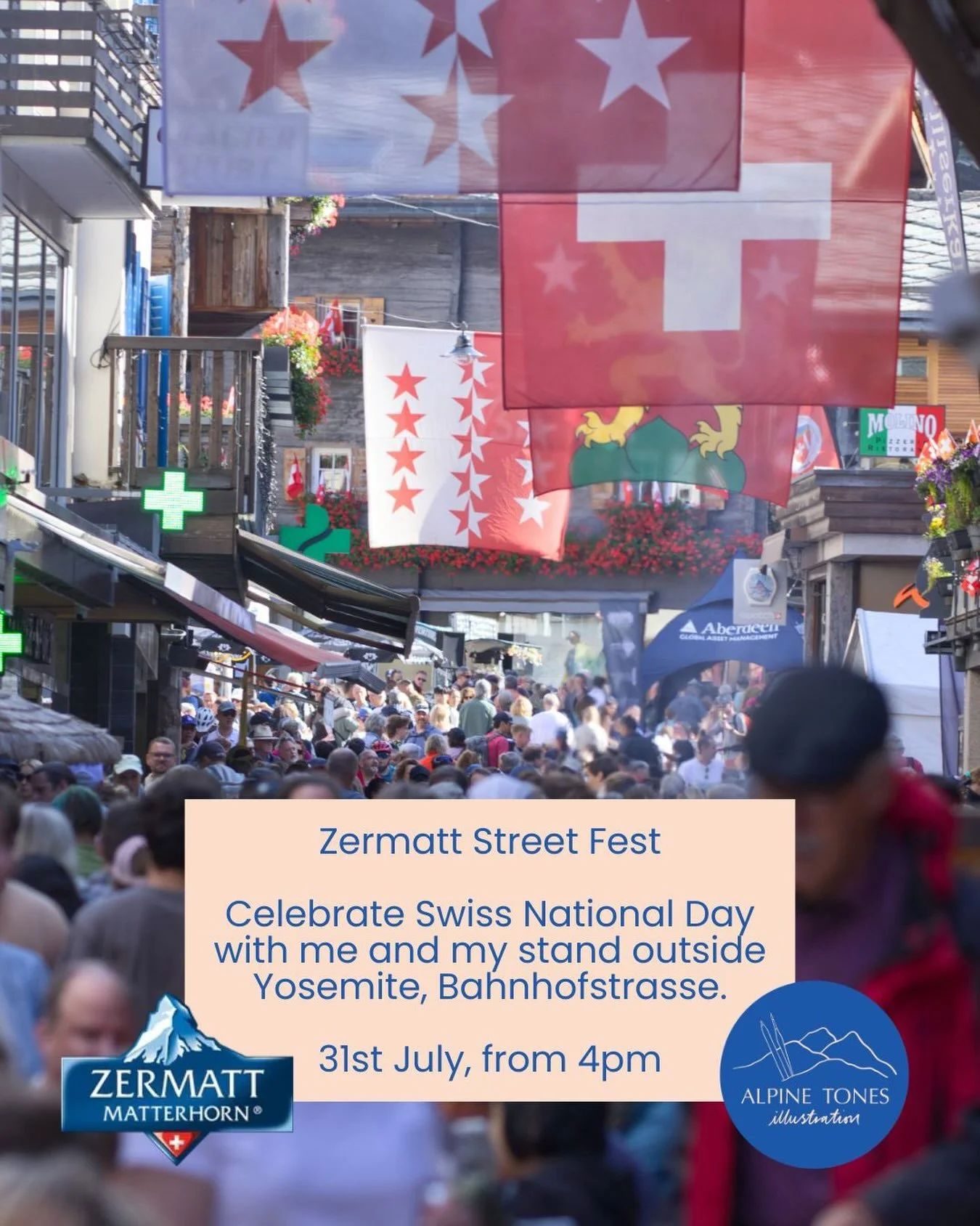 Come and celebrate Switzerland&rsquo;s birthday with me at the Zermatt Street Fest on 31st July!! 🇨🇭🎉 My stand will be outside Yosemite on Bahnhofstrasse. Festivities kick off at 4pm and continue til 11pm, but I&rsquo;ll pack away my products when