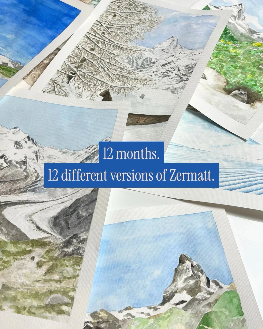 Pre orders open tomorrow, 22/10!

I wanted this calendar to feel like a portrait of Zermatt, rather than 12 different paintings of the Matterhorn.

So you&rsquo;ll also find other famous mountains, the local animals, two of my favourite lakes, and of