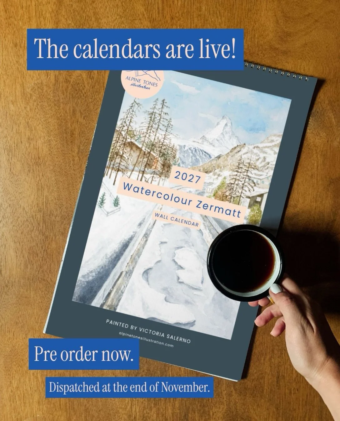 After a fourth round of edits this morning (phew!), my 2027 Watercolour Zermatt Wall Calendars are now available to preorder! 🎉

Each painting making up the 12 month calendar is a specially selected scene from Zermatt, reflecting the seasonal change