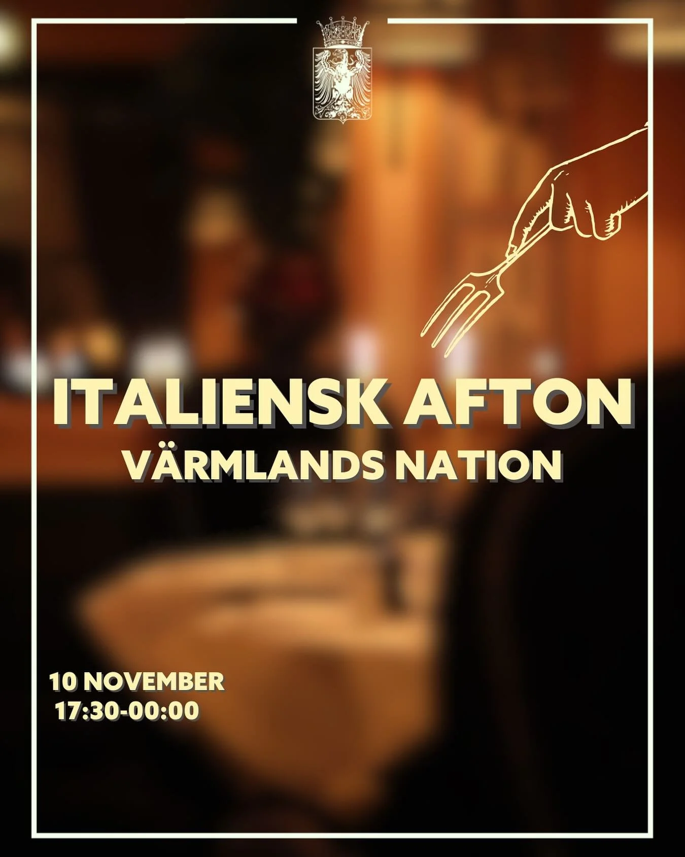 🇮🇹 ITALIENSK AFTON 🇮🇹 

M&aring;ndag den 10 november dukar V&auml;rmlands nation upp med vita dukar och ljus f&ouml;r en italiensk afton i stora huset. Det kommer bjudas p&aring; klassiska italienska matr&auml;tter, drinkar och vin. Varmt v&auml;
