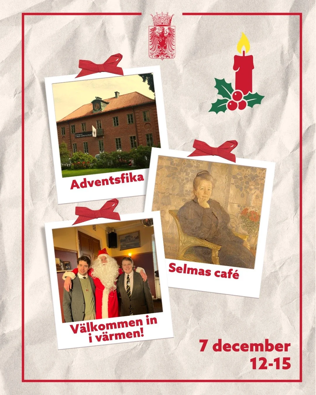 English below🙌🏼
 
Nu nalkas det m&ouml;rka men magisk mysiga juletiden ❄️🕯️
Vi p&aring; V&auml;rmlands nation vill d&auml;rf&ouml;r varmt v&auml;lkomna er till en extra mysig Adventsfika i Selmas caf&eacute;! H&auml;r bjuds det p&aring; doftande g