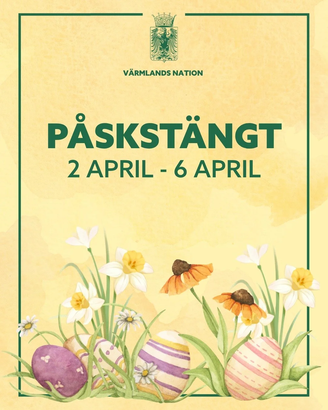 Glad p&aring;sk &ouml;nskar vi fr&aring;n V&auml;rmlands nation! 🐣

2 &ndash; 6 april &auml;r all nationens verksamhet st&auml;ngd. Njut av solen och v&aring;ren, och v&auml;lkommen in i v&auml;rmen efter p&aring;sk! 🌷

☀️ ☀️ ☀️ ☀️ ☀️ ☀️ ☀️ ☀️ ☀️ ☀