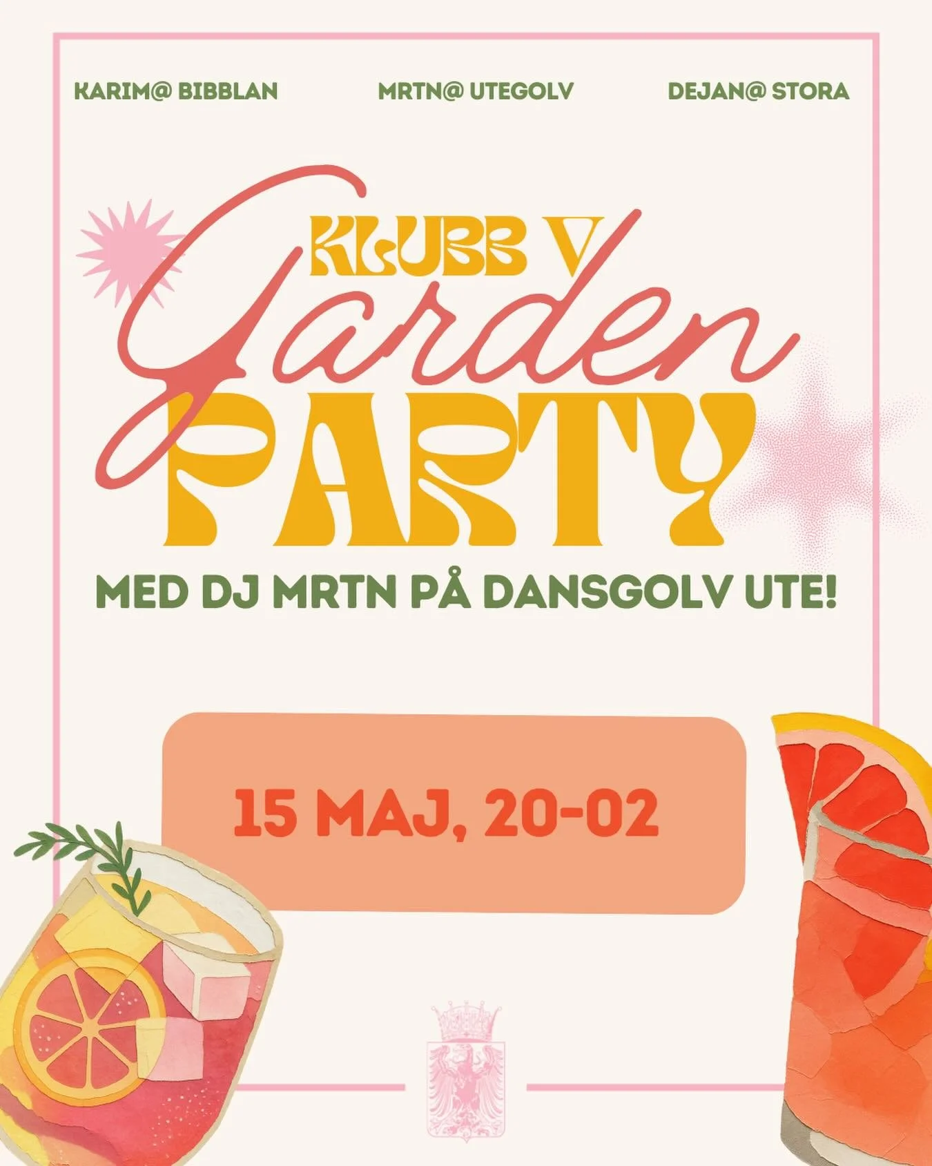 Nu v&auml;xlar vi upp &auml;nnu mer! Efter f&ouml;rra veckans smygstart &auml;r det dags att dundra ig&aring;ng v&aring;ren p&aring; riktigt med ett fullskaligt Garden Party p&aring; V&auml;rmlands. Vilket inneb&auml;r 3 dansgolv och 5 barer! 🍸

Den