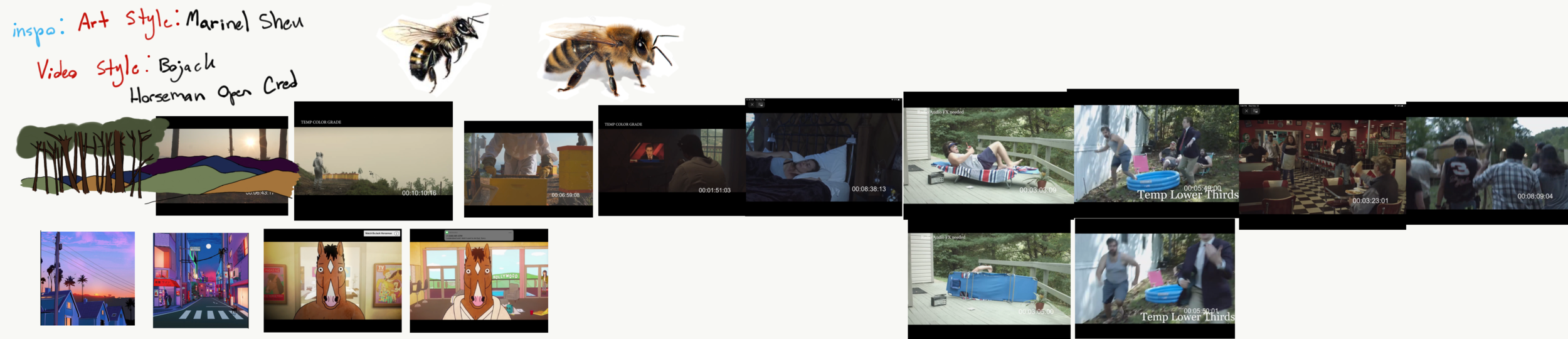 Process: Taking stills from the film and working through them like a puzzle. 
Inspiration images on the bottom left row. 