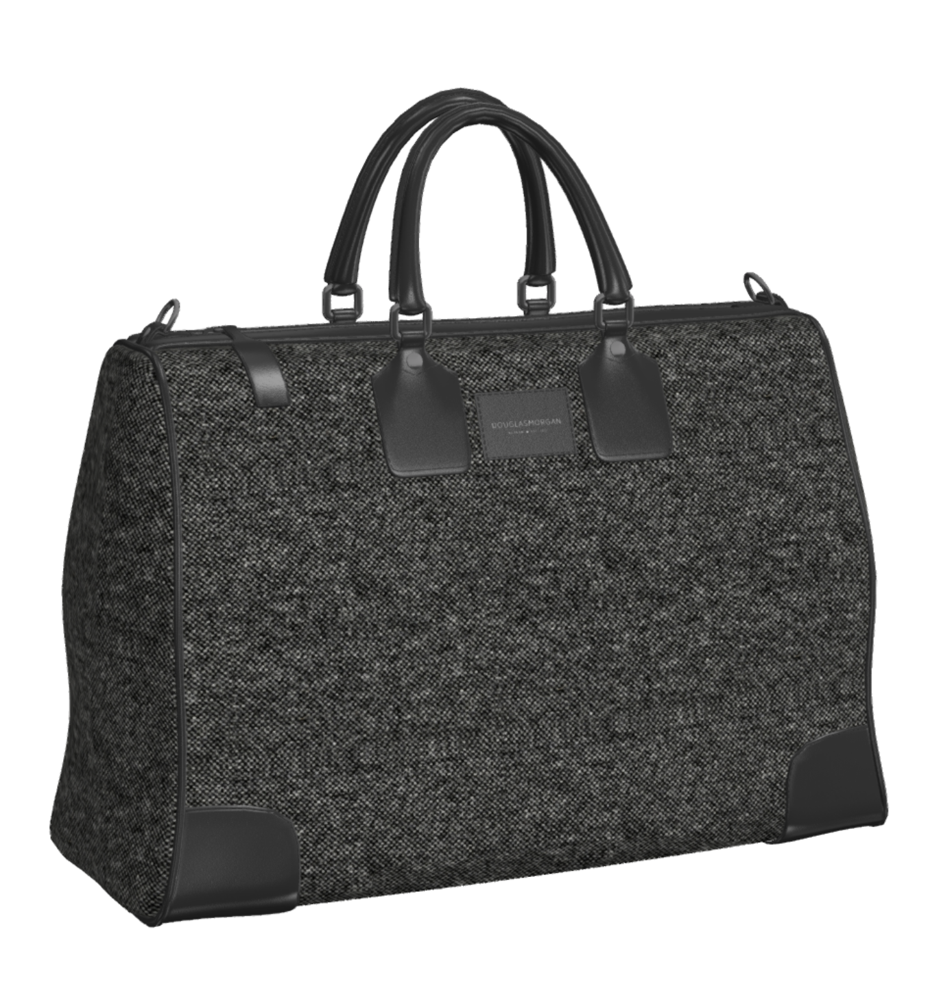 A black and gray textured duffel bag with black leather handles and accents.