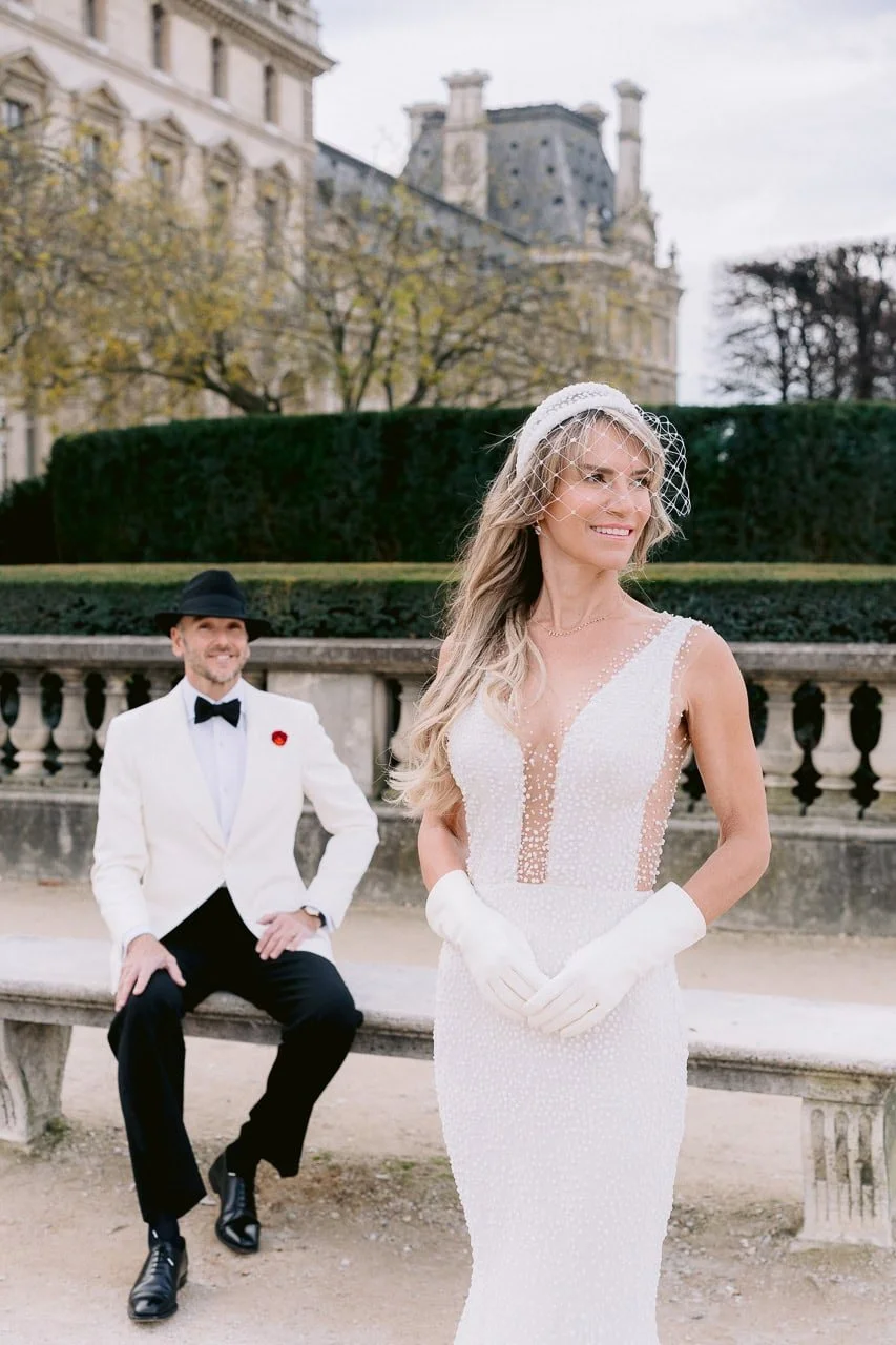 Stylish couple photographed in Paris for an engagement-style portrait session