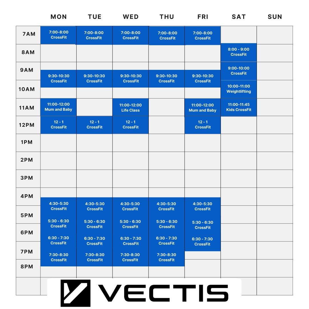 Class Time Table Officially Updated 

CrossFit Class Programming 
- These Classes will follow our daily Programming 
- Focus will be to improve how you Bend, Squat, Press, Pull and your core strength 
- You will also cover gymnastic movements 
- Weig