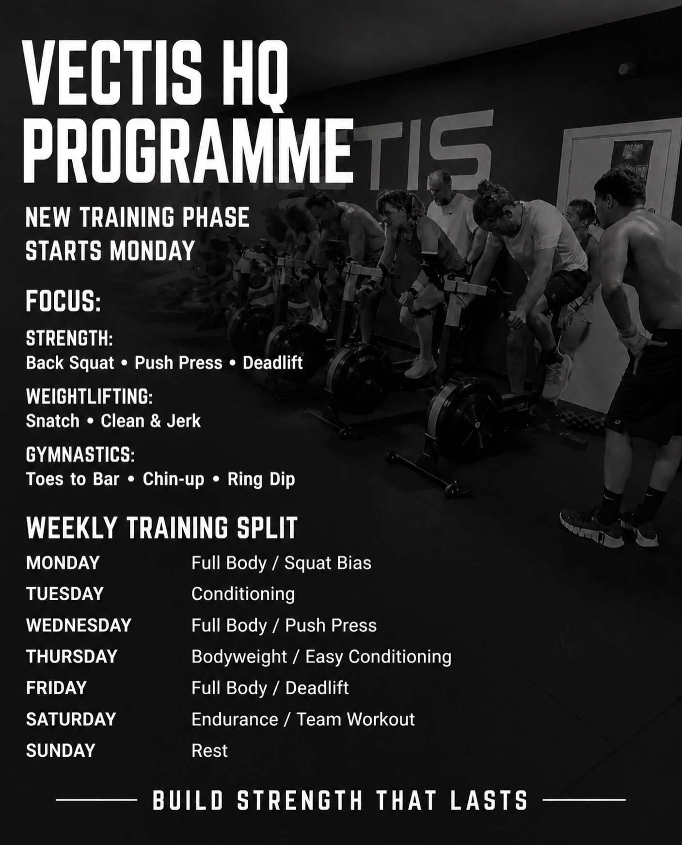 Your next phase of progress starts Monday. 

We&rsquo;re building stronger squats, push presses and deadlifts, sharpening Olympic lifting, and developing the strength behind your gymnastics.

Each session has a purpose, with conditioning, endurance a