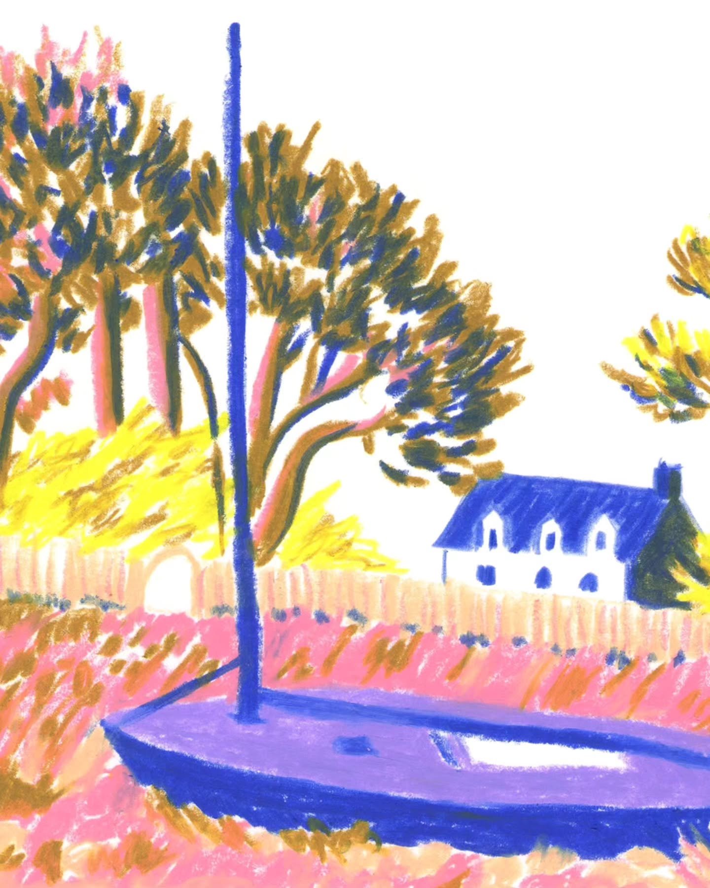 🏡 illustrations du mois de Mai pour mon calendrier 2025, avec les bateaux  pos&eacute;s devant certaines maisons. Ils attendent que la mar&eacute;e soit haute pour partir naviguer.

Je vais pouvoir retourner en week-end dans cet endroit dans une sem