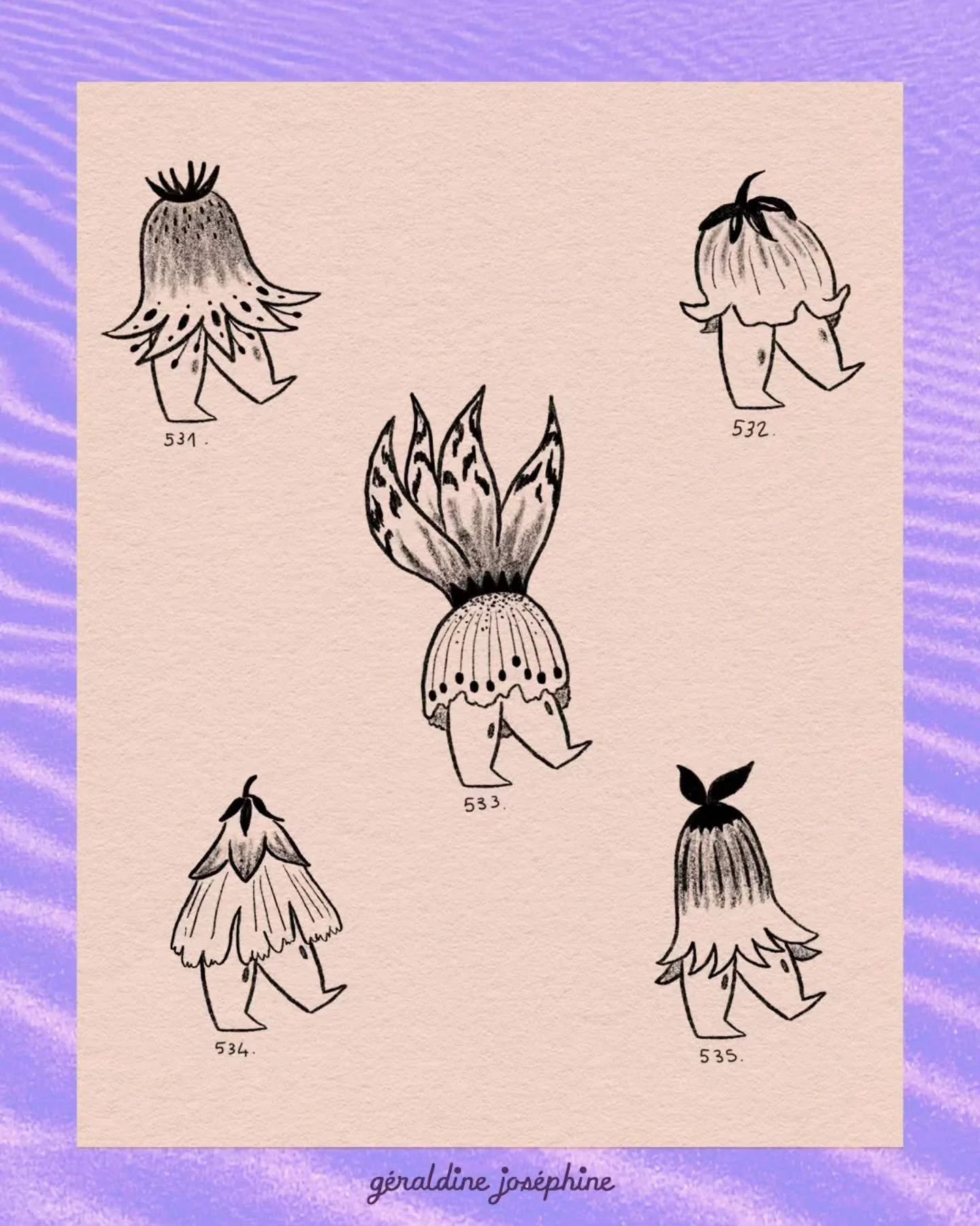 🌸 des nouveaux flashs tattoo avec une collection de personnages qui se sont pris une fleur sur la t&ecirc;te et qui marchent d'un air mi d&eacute;termin&eacute; mi d&eacute;s&eacute;quilibr&eacute;. (Avec la musique ils ont plut&ocirc;t l'air d&eacu