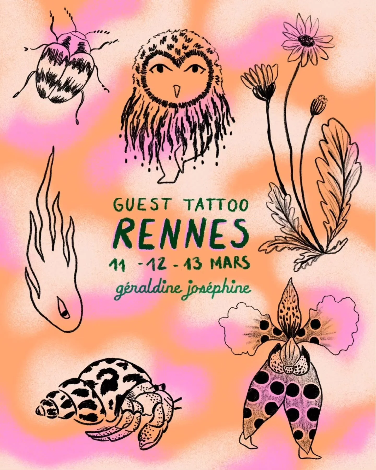 🚨 GUEST RENNES🚨 trop contente de revenir &agrave; Rennes, cette fois-ci je serai &agrave; @terrainsvaguesrennes dans la cabane de @etienne_dessin et @tata_consuelo pour vous tatouer les 11, 12 et 13 Mars 2026! &Eacute;crivez-mois si un flash vous a