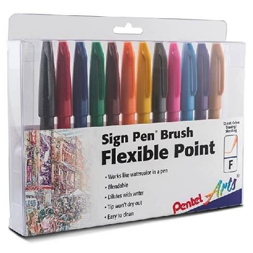 Pentel Fude Sign Pens - Saturated, blendable, and rich colors in this fine, flexible felt-tip 12 pack.