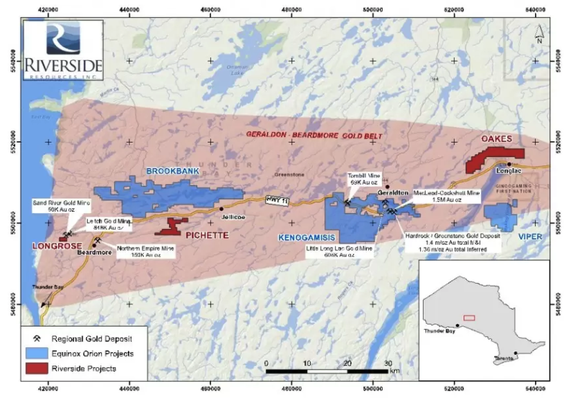 Figure 1: IMR Claim Blocks acquired from Riverside (in red) located on regional geology map. Historical production reports presented on figure are from the Ontario Geological Survey, OFR 5538.